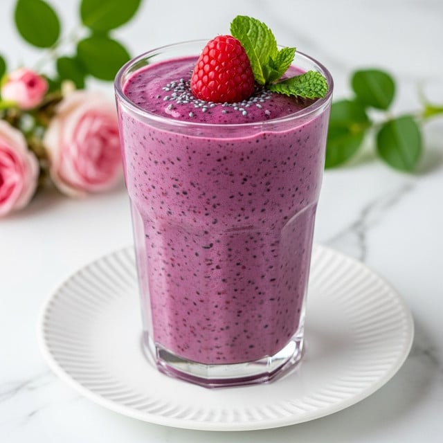 A tall clear glass filled with a thick, smooth bright purple smoothie showing small dark seeds throughout. On top, there is a single fresh bright red raspberry with tiny seeds visible and a few green mint leaves next to it. The glass sits on a small white plate with ridged edges, placed on a shiny white marbled surface. Soft pink rose flowers and green leaves blur softly in the background. photo taken with an iphone --ar 4:5 --v 7