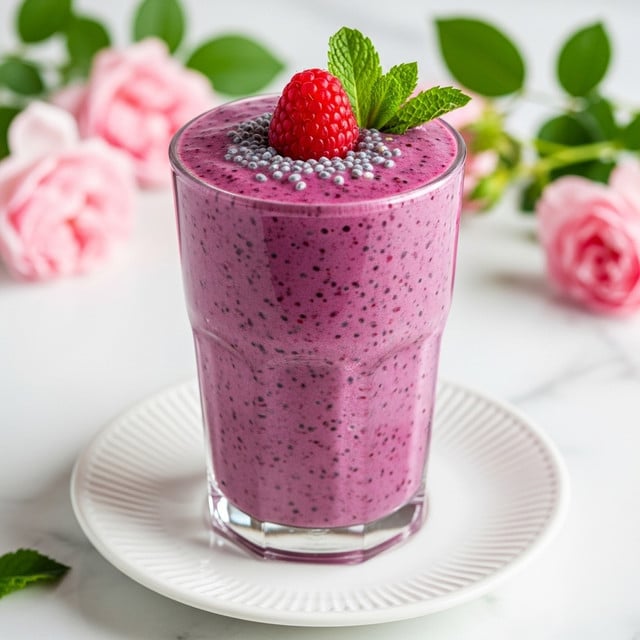 A tall clear glass filled with a thick purple-pink smoothie, showing small dark berry seeds inside. On top of the smoothie, there is a single red raspberry, and the surface looks smooth and creamy. The glass is placed on a white scalloped plate, sitting on a white marbled surface with soft pink roses blurred in the background. photo taken with an iphone --ar 4:5 --v 7