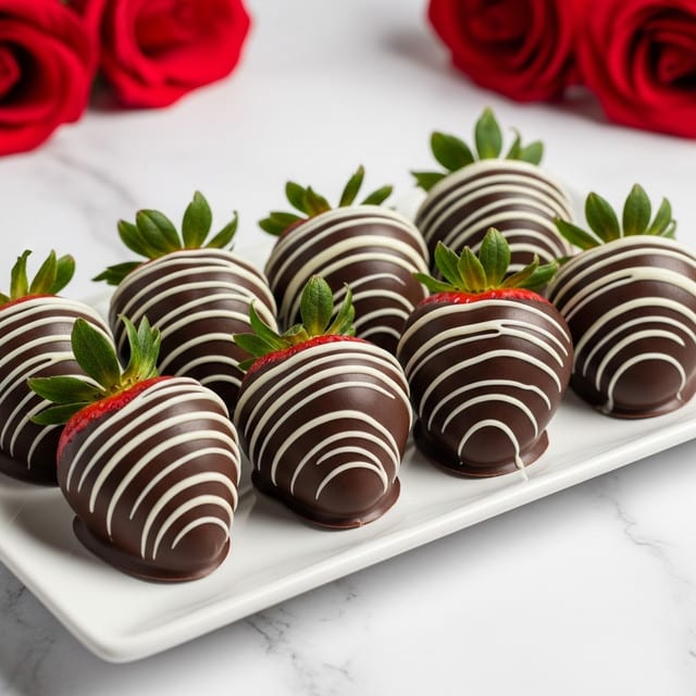 The image shows a white long plate holding a row of chocolate-covered strawberries, each with a glossy dark brown chocolate coating. White chocolate is drizzled in thin stripes over the top of each strawberry. The green leafy tops are fresh and bright, contrasting with the dark chocolate. The plate is set on a white marbled surface, and blurred red roses are in the background. The lighting highlights the shiny texture of the chocolate and the freshness of the strawberries. Photo taken with an iphone --ar 4:5 --v 7