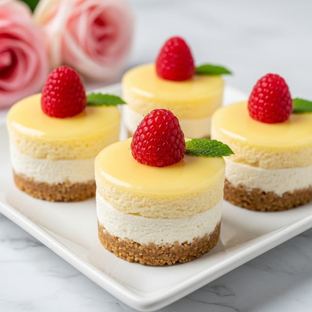 The image shows a close-up of mini cheesecakes on a white rectangular plate, placed on a white marbled surface. Each cheesecake has three visible layers: a crumbly light brown base, a thick creamy off-white middle layer, and a smooth pale yellow top layer. On the top center of each cheesecake, there is a fresh raspberry with a small green leaf underneath. In the background, there are blurred soft pink roses, adding a gentle touch to the setting. The focus is on the front cheesecake with clear details of texture and color. Photo taken with an iphone --ar 4:5 --v 7