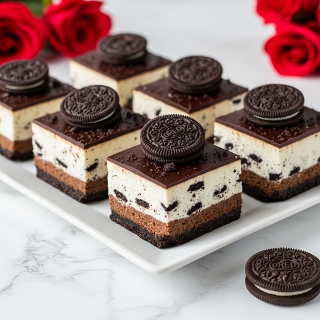 The image shows six square pieces of layered dessert neatly arranged on a white plate placed on a white marbled surface. Each piece has three visible layers: the bottom layer is a dark, moist chocolate base, the middle layer is thick and creamy white, and the top layer is sprinkled with crushed chocolate cookie crumbs, each topped with a whole chocolate sandwich cookie. In the background, there are red flowers slightly out of focus. Photo taken with an iphone --ar 4:5 --v 7