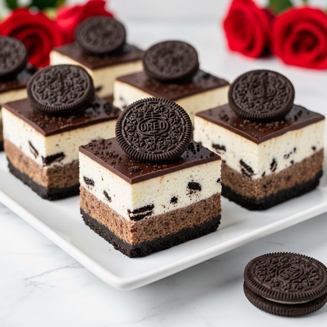 The image shows six square Oreo cheesecake bars on a white rectangular plate, placed on a white marbled surface. Each bar has three clear layers: a dark brown crumbly Oreo crust at the bottom, a thick creamy white cheesecake middle layer with small Oreo crumbs mixed in, and a smooth dark chocolate layer on top. Each bar is topped with one whole Oreo cookie, and more Oreo crumbs are sprinkled lightly over the surface. In the background, blurred red roses are visible, and one Oreo cookie lies on the marble near the plate. Photo taken with an iphone --ar 4:5 --v 7