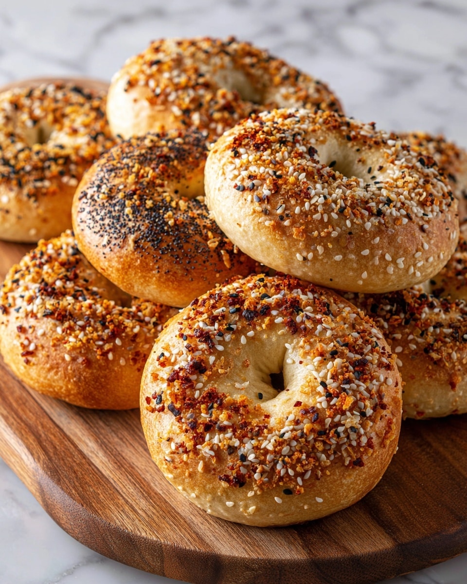 The image shows several round bagels piled together, each with a smooth, light golden-brown dough base. The top layer of each bagel is thickly covered with a mix of white sesame seeds, black poppy seeds, coarse salt, bits of dried garlic, and small orangeish-brown crunchy flakes, creating a textured and colorful sprinkle. The bagels have a soft, slightly shiny surface and a visible hole in the center. The bagels rest on a warm-toned wooden board with a subtle grain, and the background is a white marbled texture. photo taken with an iphone --ar 4:5 --v 7
