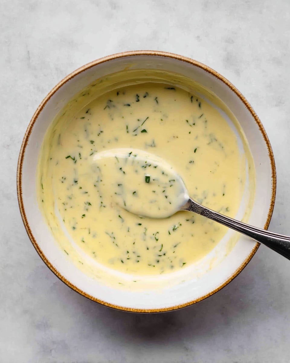 A shallow white bowl with a thin gold rim holds a creamy yellow sauce with small green herb pieces mixed throughout. A silver spoon with a black handle rests inside the bowl, partially submerged in the sauce, with sauce coating part of its curved surface. The bowl sits on a white marbled texture surface. Photo taken with an iphone --ar 4:5 --v 7
