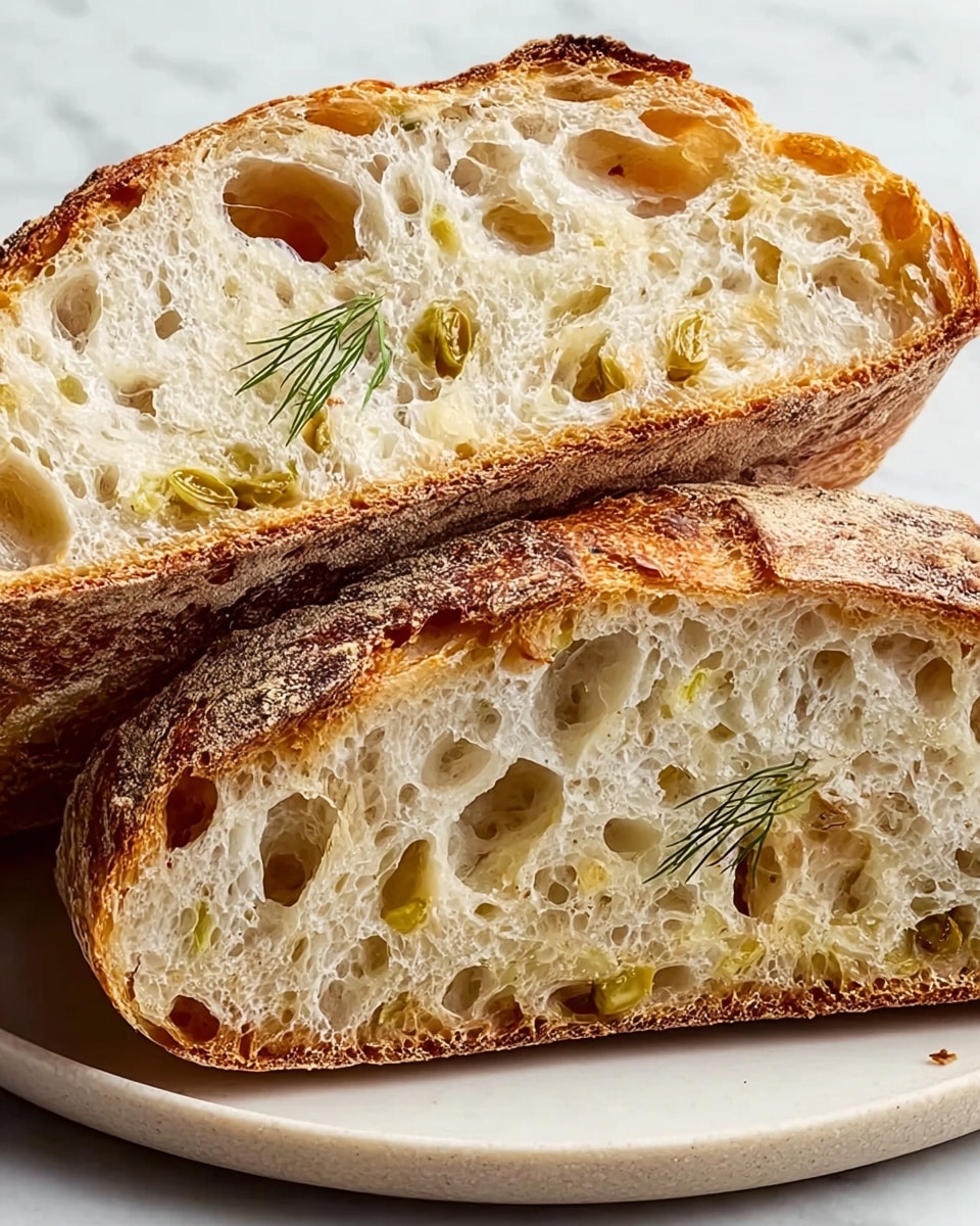 The image shows two thick slices of rustic bread placed on a white plate with a speckled pattern. The bread has a golden-brown, crispy crust with a slightly rough texture. Inside, the soft, airy crumb is off-white with large, uneven holes and is dotted with small green olives and thin pieces of green herbs scattered throughout. The fruits and herbs add a pop of color inside the light and fluffy bread. The background is a clean white marbled texture. photo taken with an iphone --ar 4:5 --v 7