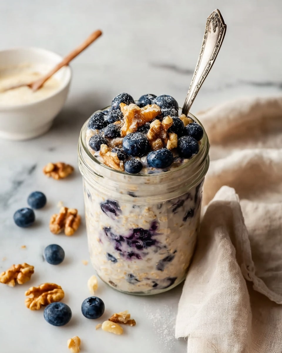 A clear glass jar filled with three main visible layers: at the bottom and mixed throughout is a creamy white base with specks of oats and blueberries scattered inside, the middle and top layers show the creamy oat mixture with a thick, smooth texture. On top, there is a dense layer of fresh, plump, dark blue blueberries and light brown walnut pieces, sprinkled lightly with a fine brown powder. A vintage-looking silver spoon is inserted into the jar on the right side. The jar is placed on a white marbled textured surface with a soft beige cloth on the left side, and scattered blueberries and walnuts nearby. In the background, there is a small white bowl with white cream. Photo taken with an iphone --ar 4:5 --v 7