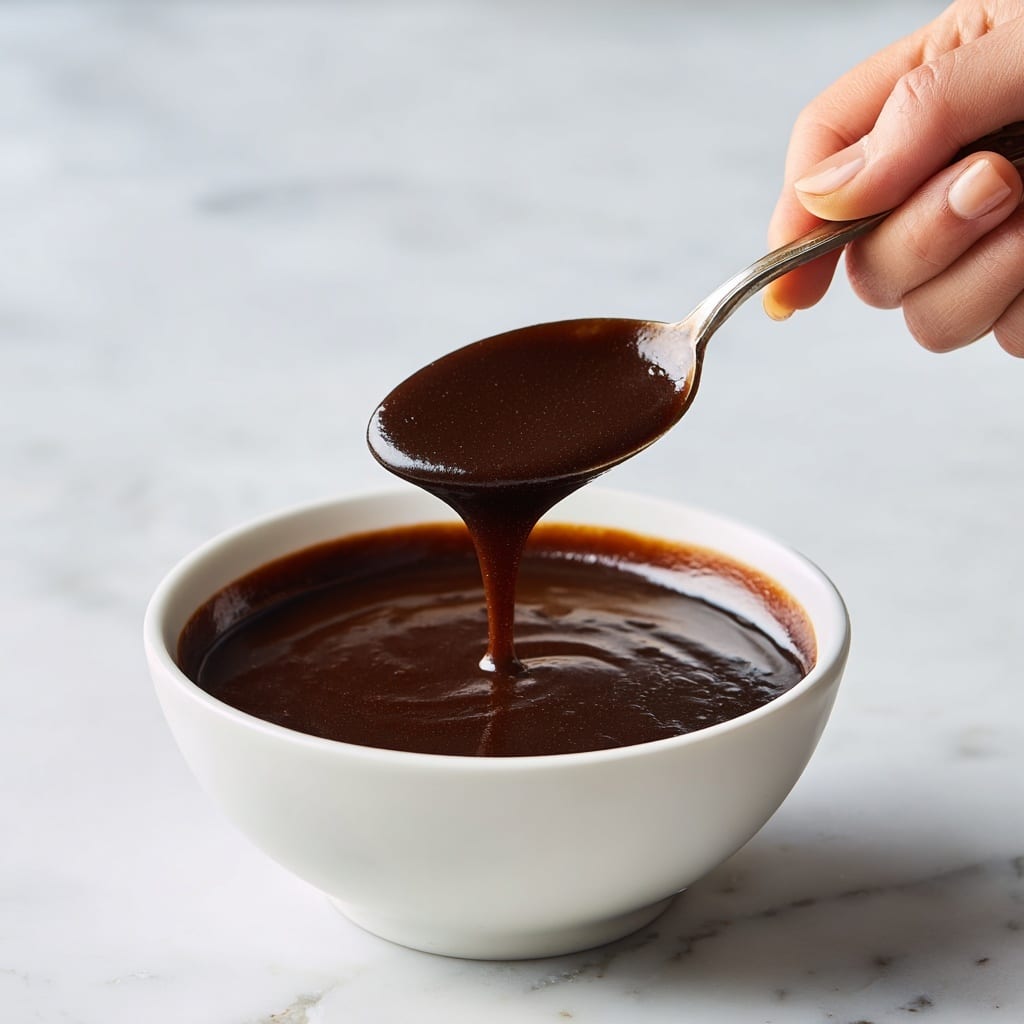 A white bowl filled with thick, dark brown sauce with a glossy texture sits on a white marbled surface. A spoon holding the sauce is lifted above the bowl with the sauce slowly dripping back into the bowl, showing its smooth and shiny consistency. The lighting highlights the rich color and the smooth flow of the sauce. photo taken with an iphone --ar 4:5 --v 7