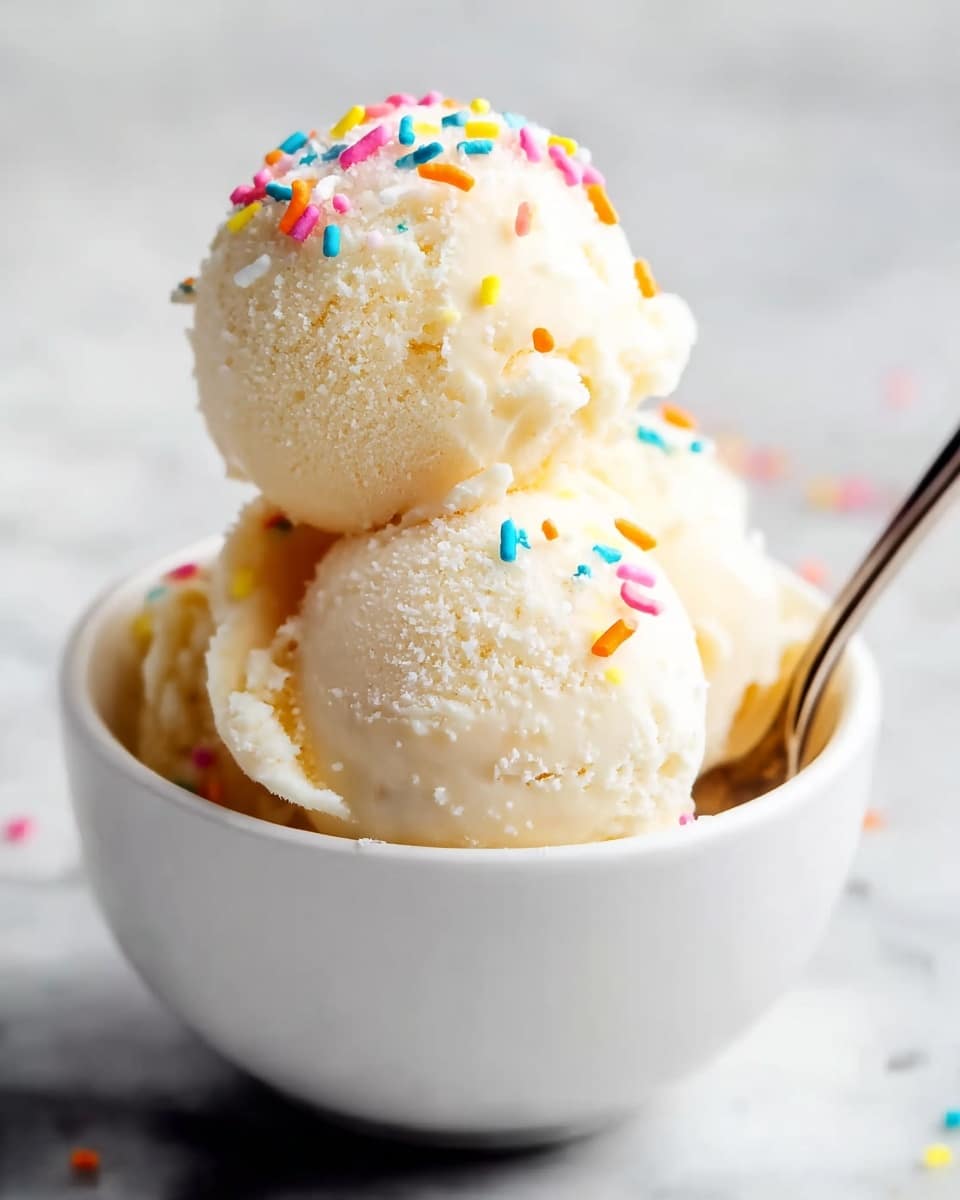 A white bowl filled with three scoops of creamy white ice cream, each scoop slightly textured with a smooth, icy surface. The top scoop is decorated with small colorful round sprinkles in blue, pink, yellow, and orange, adding bright spots of color against the white ice cream. A silver spoon is placed inside the bowl on the right side, partially visible. The bowl rests on a white marbled surface with sprinkles scattered around it softly out of focus. photo taken with an iphone --ar 4:5 --v 7