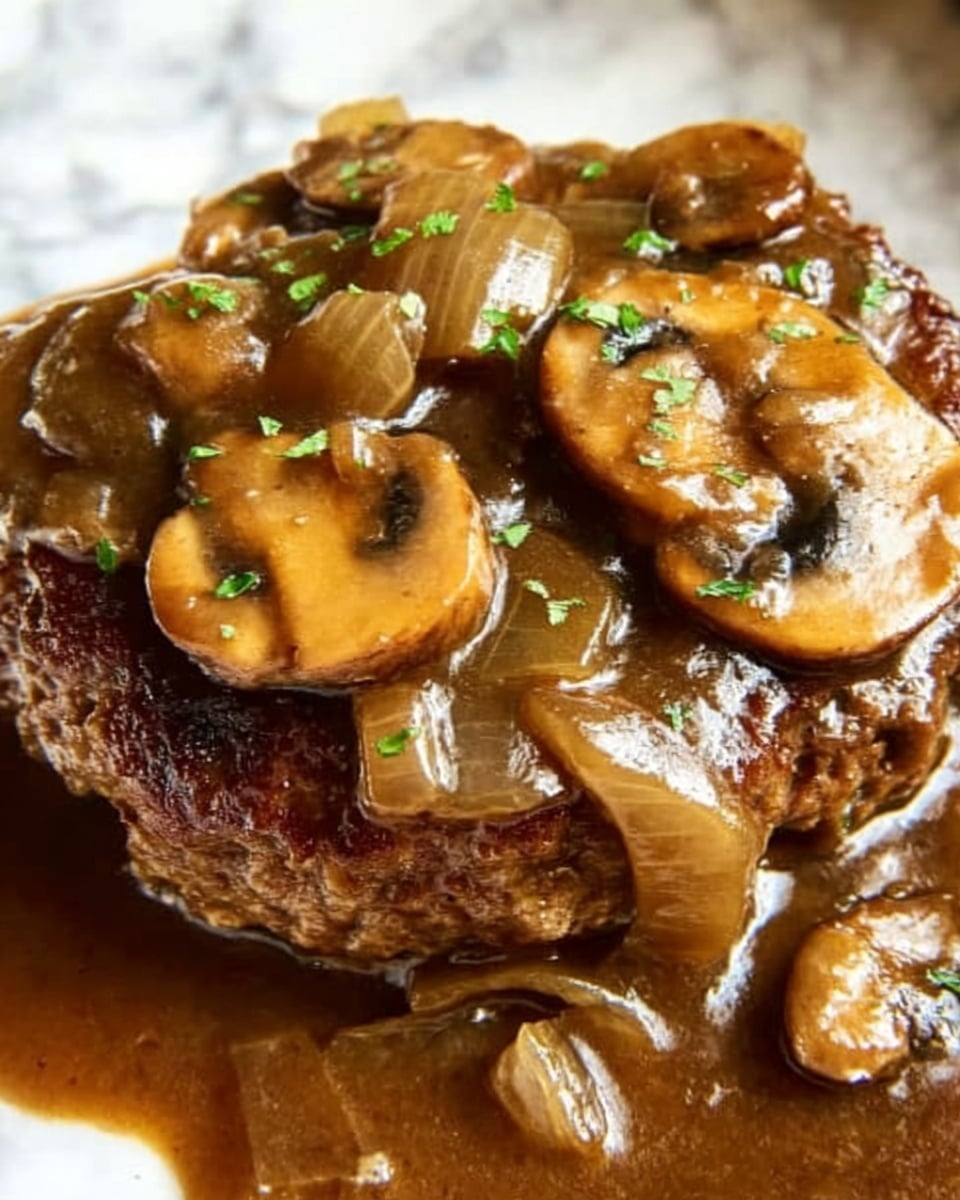 A close-up of a cooked hamburger patty covered with a thick brown mushroom gravy. The gravy has large slices of cooked mushrooms and translucent caramelized onions spread evenly over the patty. Small bits of green herbs are sprinkled on top, adding a touch of color. The dish is resting on a white marbled surface. Photo taken with an iphone --ar 4:5 --v 7