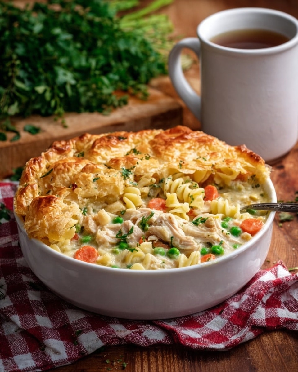 The image shows a white bowl filled with creamy chicken pot pie pasta topped with a golden, flaky pastry crust placed on the right side, covering about one-third of the top. The pasta beneath is mixed with small pieces of chicken, bright green peas, and orange carrot chunks, all coated in a rich, creamy sauce. The bowl sits on a wooden table with a red and white checkered cloth to the left and fresh green herbs like parsley around it. In the background, there is a white mug filled with a hot drink and some blurred herbs and garlic. The surface is a white marbled texture. Photo taken with an iphone --ar 4:5 --v 7
