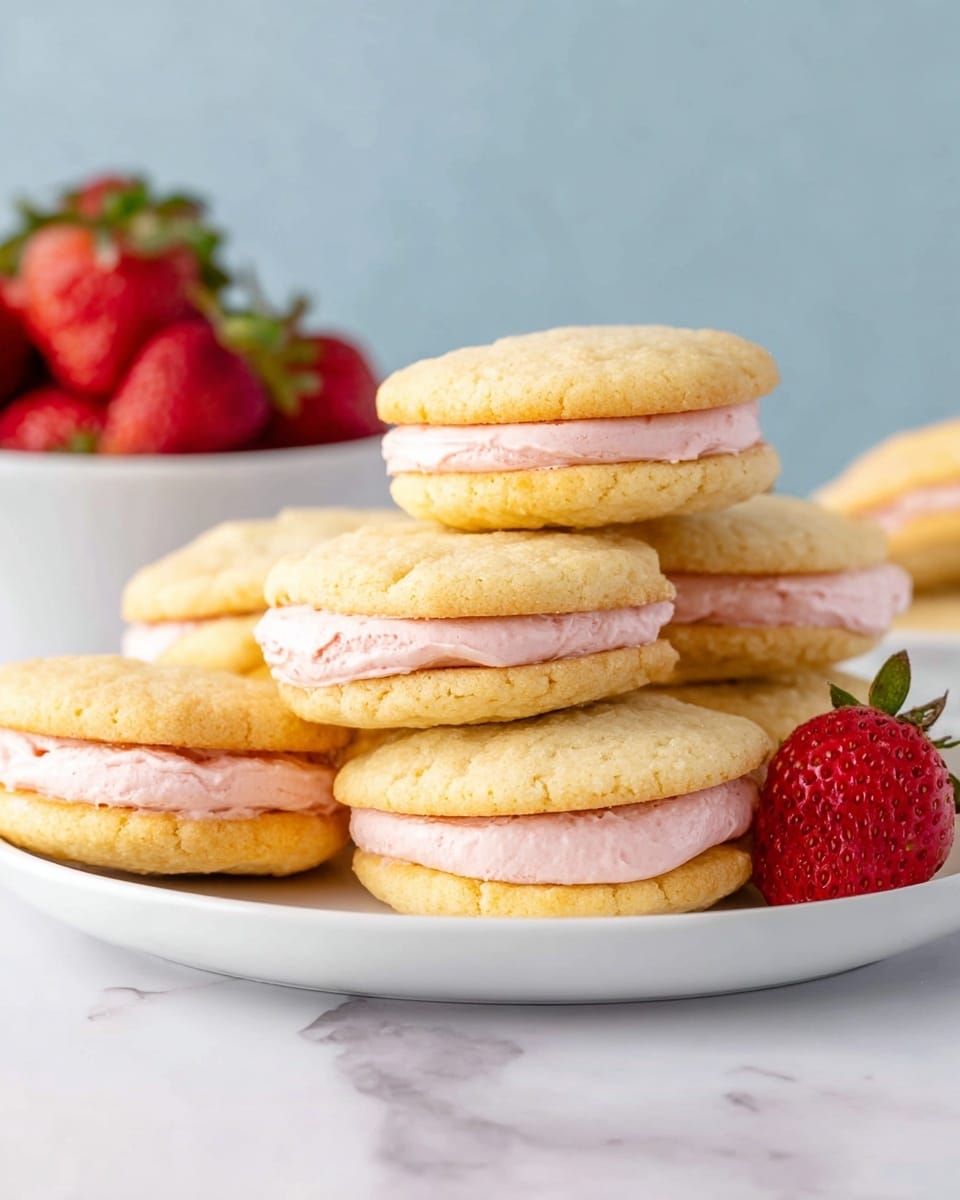 A white plate holds a pile of sandwich cookies, each made of two light golden-yellow soft cookies with a thick, smooth layer of pale pink filling in between. The cookies have a slightly crinkled texture on top, and the pink filling looks creamy and fluffy. In the background, a white bowl filled with bright red strawberries sits on a white marbled surface, with one strawberry placed in the front on the surface. The soft blue background adds a gentle, calm tone to the image. photo taken with an iphone --ar 4:5 --v 7