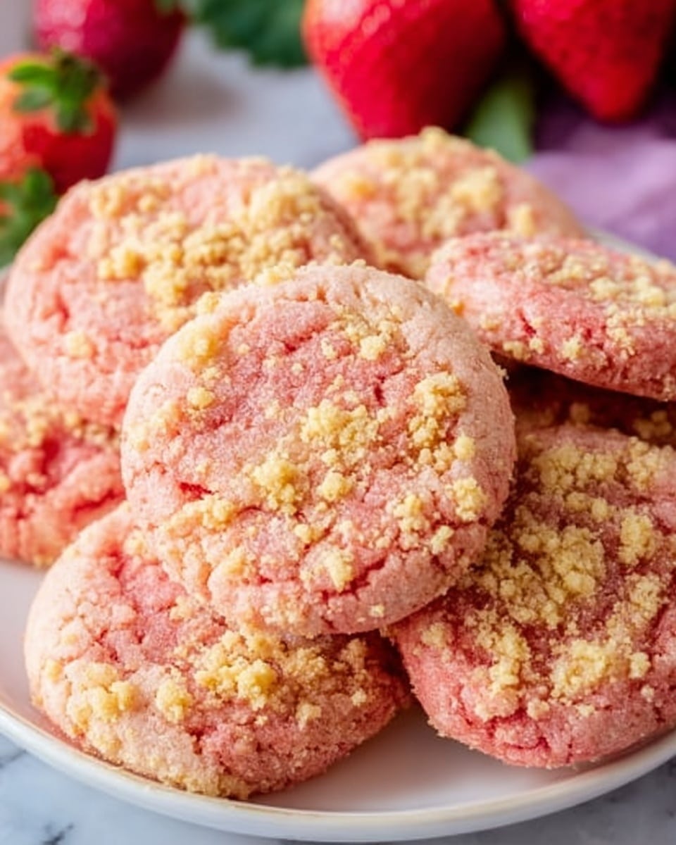 A close-up view of several pink cookies stacked on a clear, white bowl. Each cookie has two layers: the bottom layer is a smooth, soft pink base, and the top layer is a crumbly, textured pink and light yellow topping that covers the entire surface of the cookie. Behind the cookies, there are fresh, whole strawberries with bright red color and green leaves. The scene is set on a white marbled surface. Photo taken with an iphone --ar 4:5 --v 7