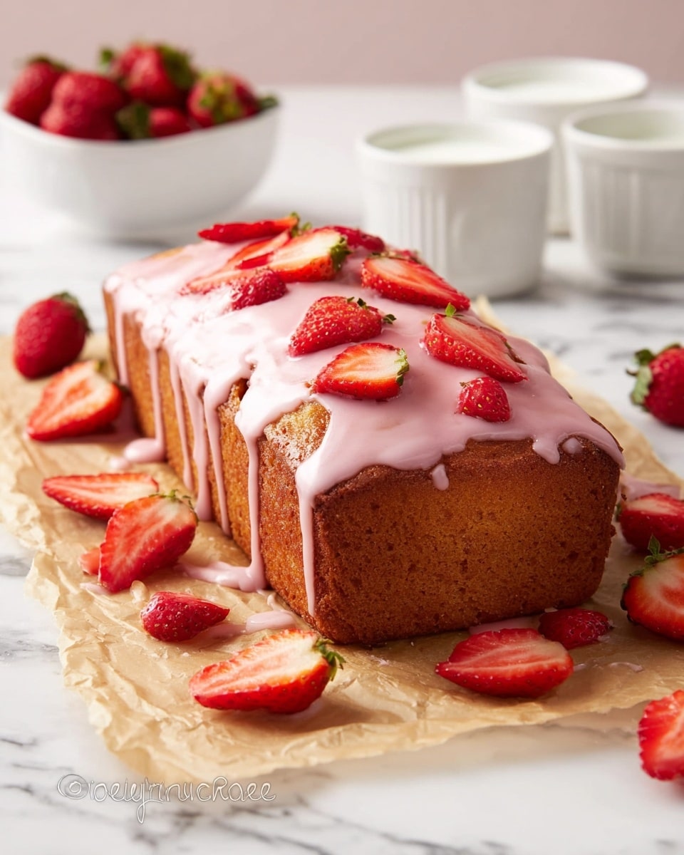 A rectangular loaf cake with a golden brown color sits on top of a light brown parchment paper, which rests on a white marbled surface. The cake is covered with a thick layer of pale pink glaze that drips down the sides unevenly, with small chunks of red strawberries scattered on top and mixed into the glaze. Around the loaf, there are whole and halved bright red strawberries with green leaves, adding a fresh pop of color. In the background, there is a small white bowl filled with strawberries and two small glass containers, one with white cream or milk and one with a white powdery ingredient. Photo taken with an iphone --ar 4:5 --v 7