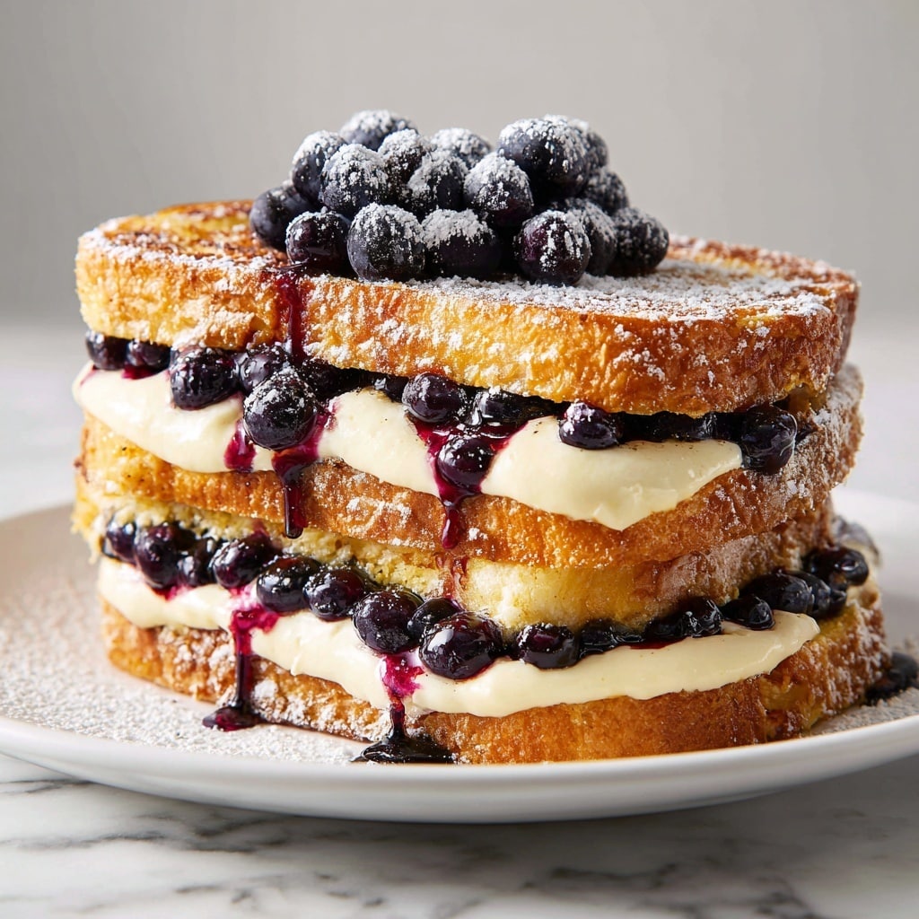 A stack of two thick slices of golden brown French toast sits on a white plate, each slice showing a soft, fluffy inside with a slightly crispy outside. Between the layers is a creamy white filling that looks smooth and rich. On top and around the stack are fresh blueberries with their deep blue color, some of which have a dusting of fine white powdered sugar. Dark purple blueberry sauce drips down from the top, making the toast look juicy and sweet. The plate rests on a white marbled surface. Photo taken with an iphone --ar 4:5 --v 7