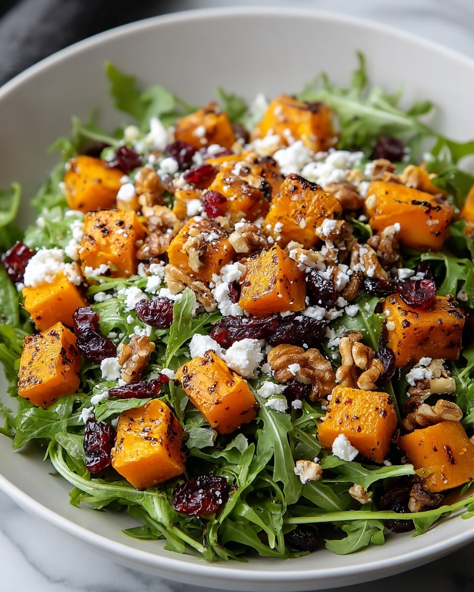 A white plate filled with fresh green arugula leaves forms the base layer, topped with evenly spread bright orange roasted pumpkin cubes that have a slight char and glossy texture. Scattered among the pumpkin are dark red dried cranberries and chunks of light brown walnuts, adding texture and color contrast. The dish is finished with crumbled white goat cheese sprinkled over the top, creating a mix of creamy and crunchy elements. The plate sits on a white marbled surface, highlighting the vibrant colors of the salad photo taken with an iphone --ar 4:5 --v 7