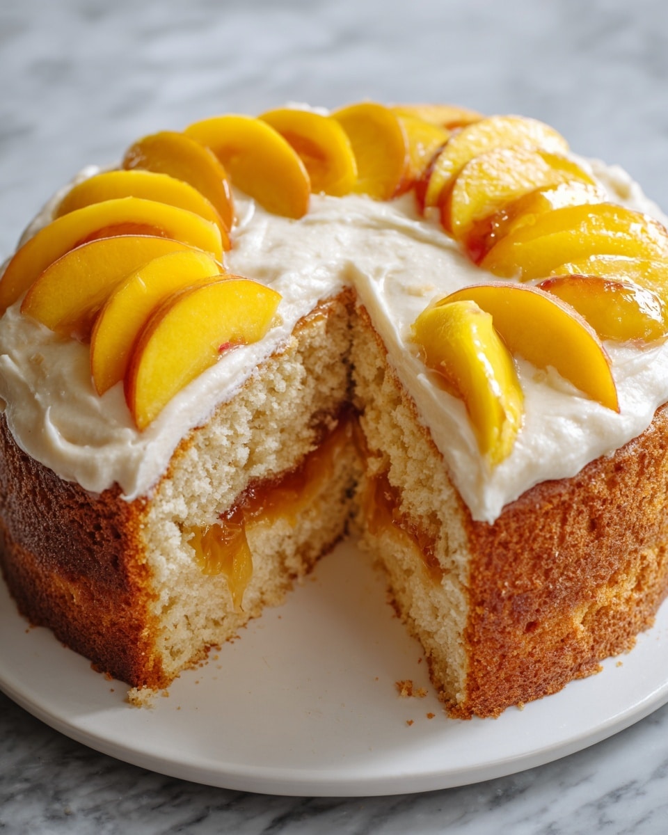 A round, two-layer cake sits on a white plate with a small slice cut out at the front showing its inside texture. The bottom layer is light beige with a soft, fluffy texture and a glossy peach jam filling nestled in the middle. The top layer is covered with creamy white frosting that has a smooth, slightly textured appearance, topped with vibrant yellow peach slices arranged in a circular pattern around the edge. The sides of the cake show a golden-brown baked surface with a slightly rough texture. The whole setup rests on a white marbled surface. photo taken with an iphone --ar 4:5 --v 7