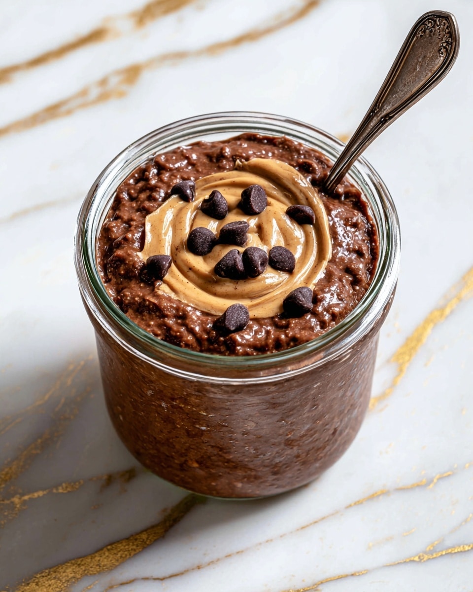 A clear glass jar filled with a thick, dark brown chocolate pudding that has a slightly chunky texture. On top of the pudding, there is a swirl of light brown peanut butter, creating a circular pattern in the center. Scattered around and partly on the swirl are seven dark chocolate chips, standing out against the smooth peanut butter and pudding. A tarnished metal spoon is inserted into the jar, leaning slightly to the right. The jar sits on a white marbled surface with gold streaks, adding a touch of elegance. photo taken with an iphone --ar 4:5 --v 7
