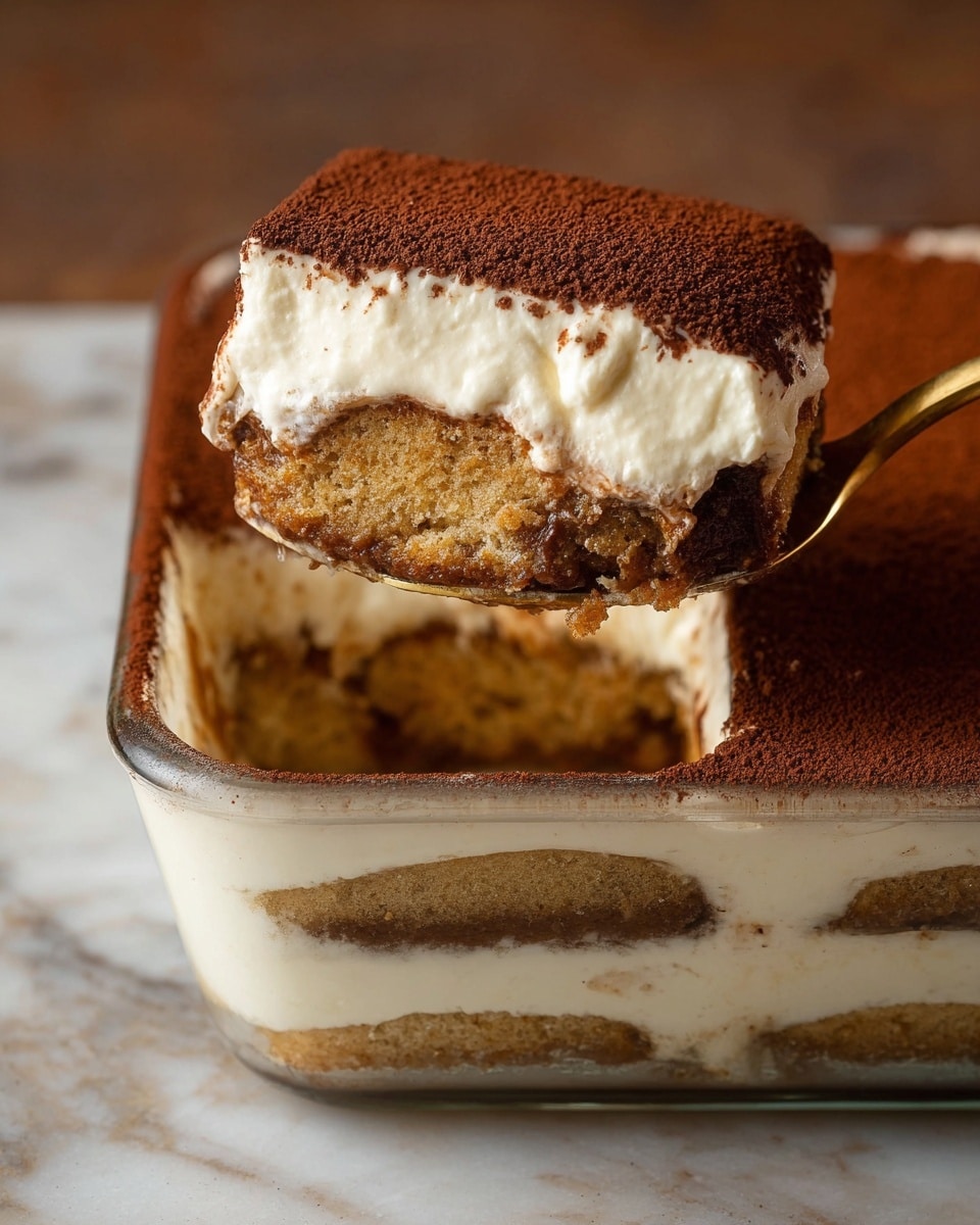 A close-up view of a glass container filled with a layered tiramisu dessert, showing two layers of light brown soaked cake base, alternating with thick creamy white layers, topped with a dark brown cocoa powder layer. A gold spoon lifts a portion, revealing the soft textures and clear distinction between the moist sponge cake, smooth cream, and fine cocoa powder on top. The dessert is placed on a white marbled texture surface. Photo taken with an iphone --ar 4:5 --v 7