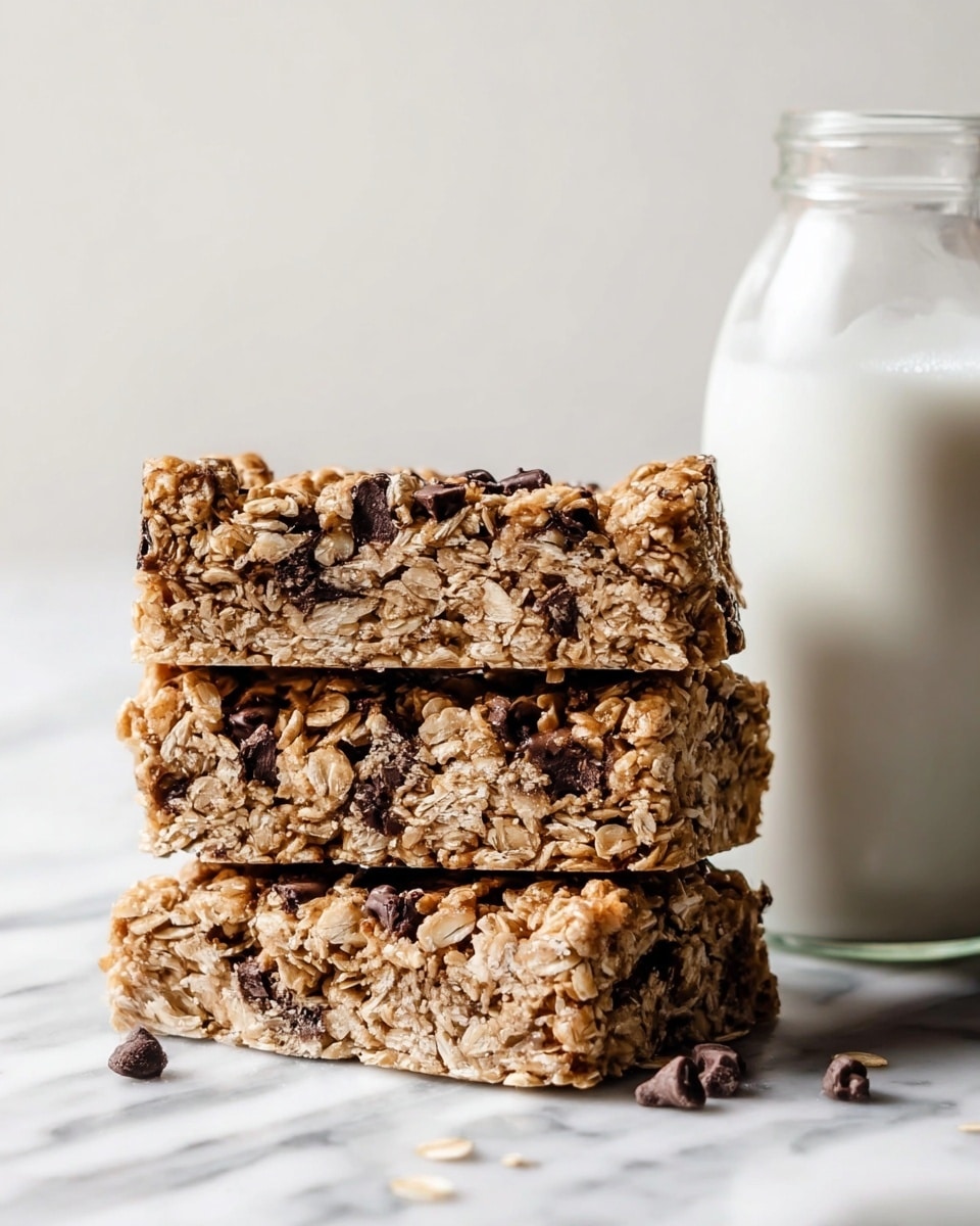 A close-up image shows a stack of four rectangular oatmeal bars with chocolate chips mixed throughout. Each bar has a rough texture with visible oats and dark chocolate chunks embedded on the surface. The sides reveal a dense and chewy interior, while the top bar is slightly sprinkled with a few extra chocolate chips. The stack sits on a white marbled surface, and to the right, there is a clear glass bottle filled with milk with a hint of a woman's hand holding it. Photo taken with an iphone --ar 4:5 --v 7