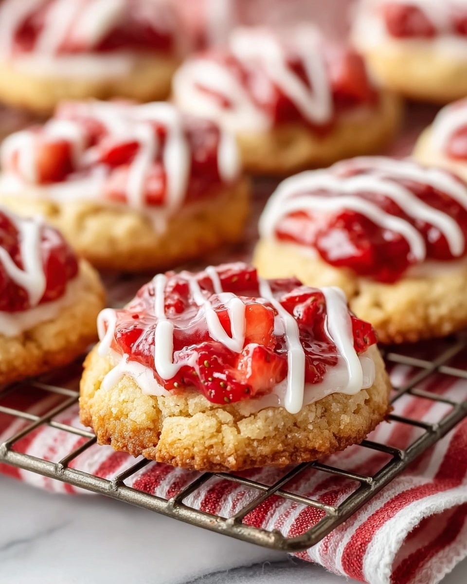 The image shows small round pastries with three clear layers. The bottom layer is a light golden, crumbly cookie base with a rough texture. The middle layer is bright red strawberry filling with chunks of fresh strawberries giving a glossy and juicy look. The top layer is a white icing drizzled in thin wavy lines over the strawberries and some crumbled bits of cookie sprinkled in the center. The pastries rest closely together on a metal cooling rack over a white marbled surface. Photo taken with an iphone --ar 4:5 --v 7