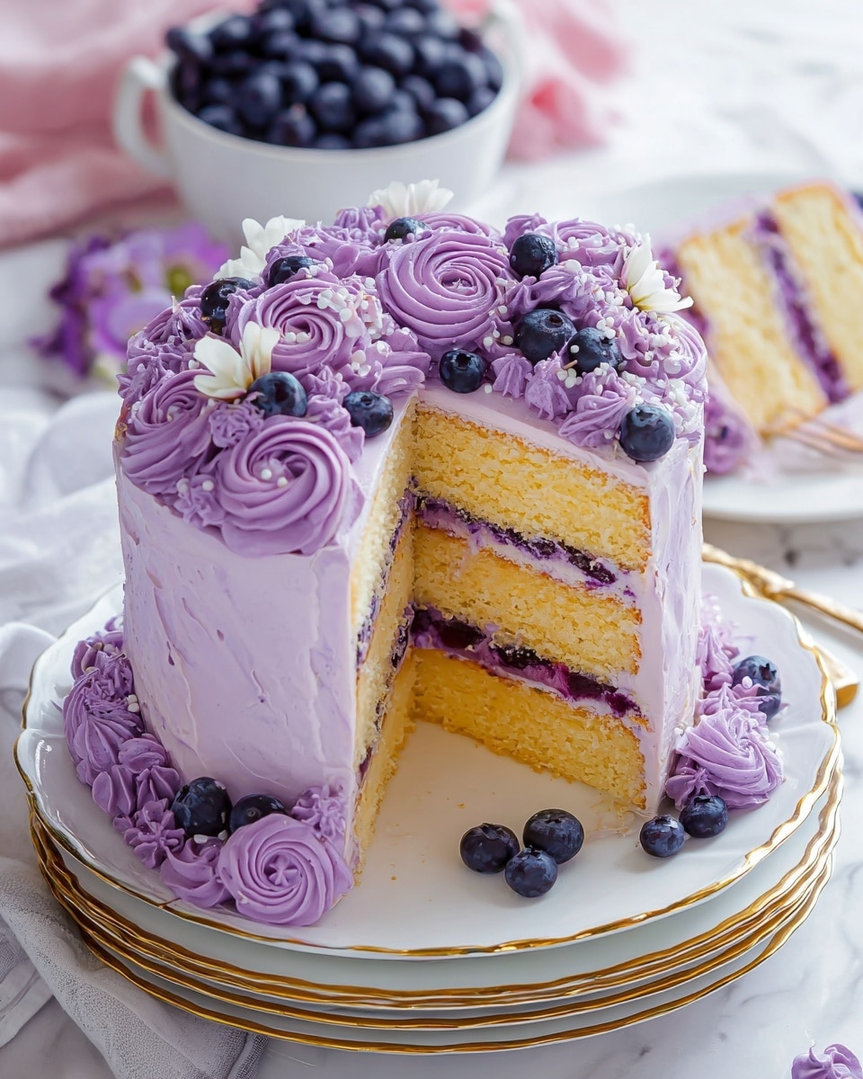 The image shows a three-layer yellow cake with light purple frosting between each layer and on the outside, decorated with piped rosettes and swirls of purple frosting on top and around the base. On top, there are also small dark berries placed among the frosting decorations. A large slice has been cut out and is on a white cake spatula at the front right of the cake, showing the three yellow cake layers separated by purple frosting with some berry pieces inside. The cake is on a white plate with a gold rim, placed on a white marbled surface with purple-striped fabric nearby and blurred white flowers in the background. Photo taken with an iphone --ar 4:5 --v 7