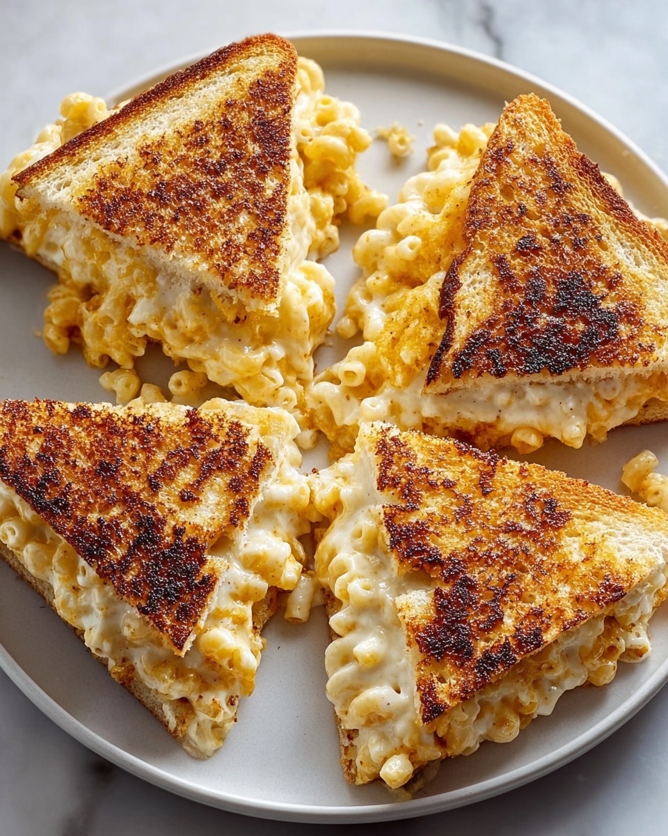 A round white plate on a white marbled surface holds four triangular slices of a sandwich, each with two layers of toasted golden-brown bread. Between the bread layers, there is a thick layer of creamy, light yellow mac and cheese with visible small macaroni pieces that slightly spill out around the edges. The toasted bread has a crispy, unevenly browned texture with darker spots, creating a crunchy appearance. Photo taken with an iphone --ar 4:5 --v 7