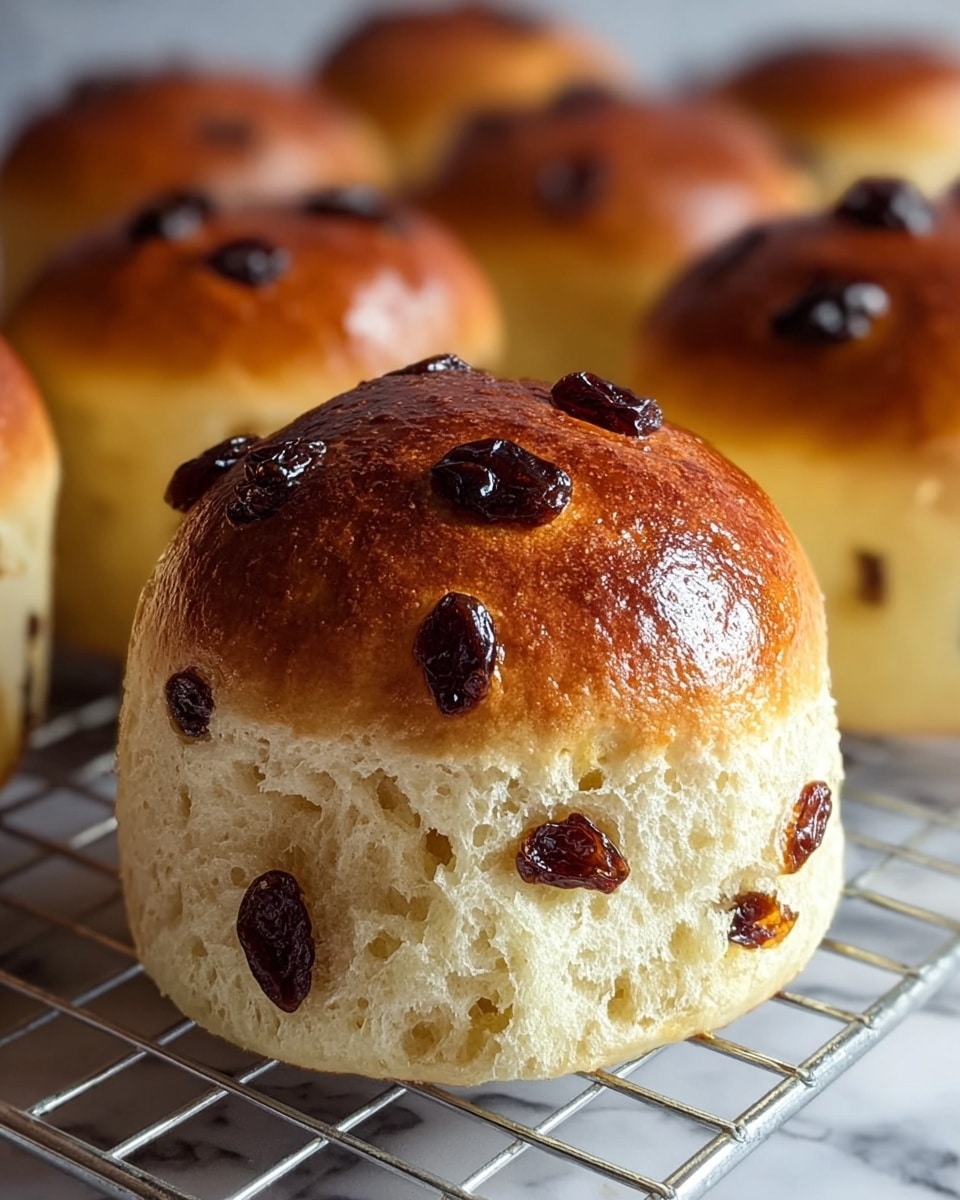 A close-up view of a single round raisin bun with a shiny, dark golden-brown top dotted with plump, dark raisins, sitting on a silver wire cooling rack over a white marbled surface. The bun has a soft, light beige body textured with visible air pockets and embedded raisins all around its sides. In the background, multiple similar buns slightly out of focus create a sense of depth. The texture of the bun appears fluffy, and the raisins add contrast with their deep brown color. photo taken with an iphone --ar 4:5 --v 7