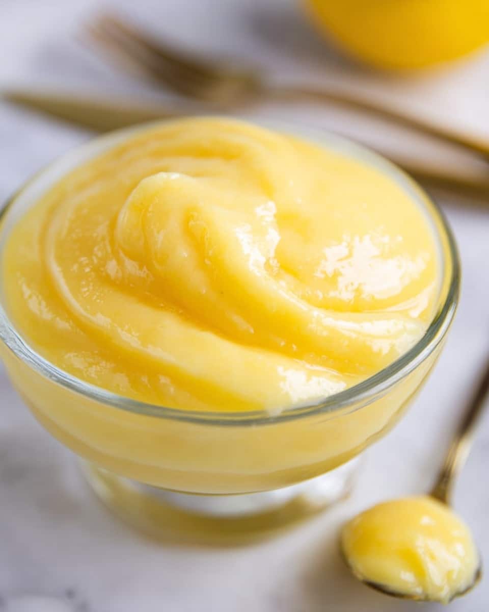A close-up top view of a creamy yellow lemon curd inside a clear glass container, showing its smooth, thick texture with a slight swirl on top. In the background, slightly blurred, there is an out-of-focus slice of bright yellow lemon and a silver spoon with some lemon curd on it, all set on a white marbled surface. photo taken with an iphone --ar 4:5 --v 7