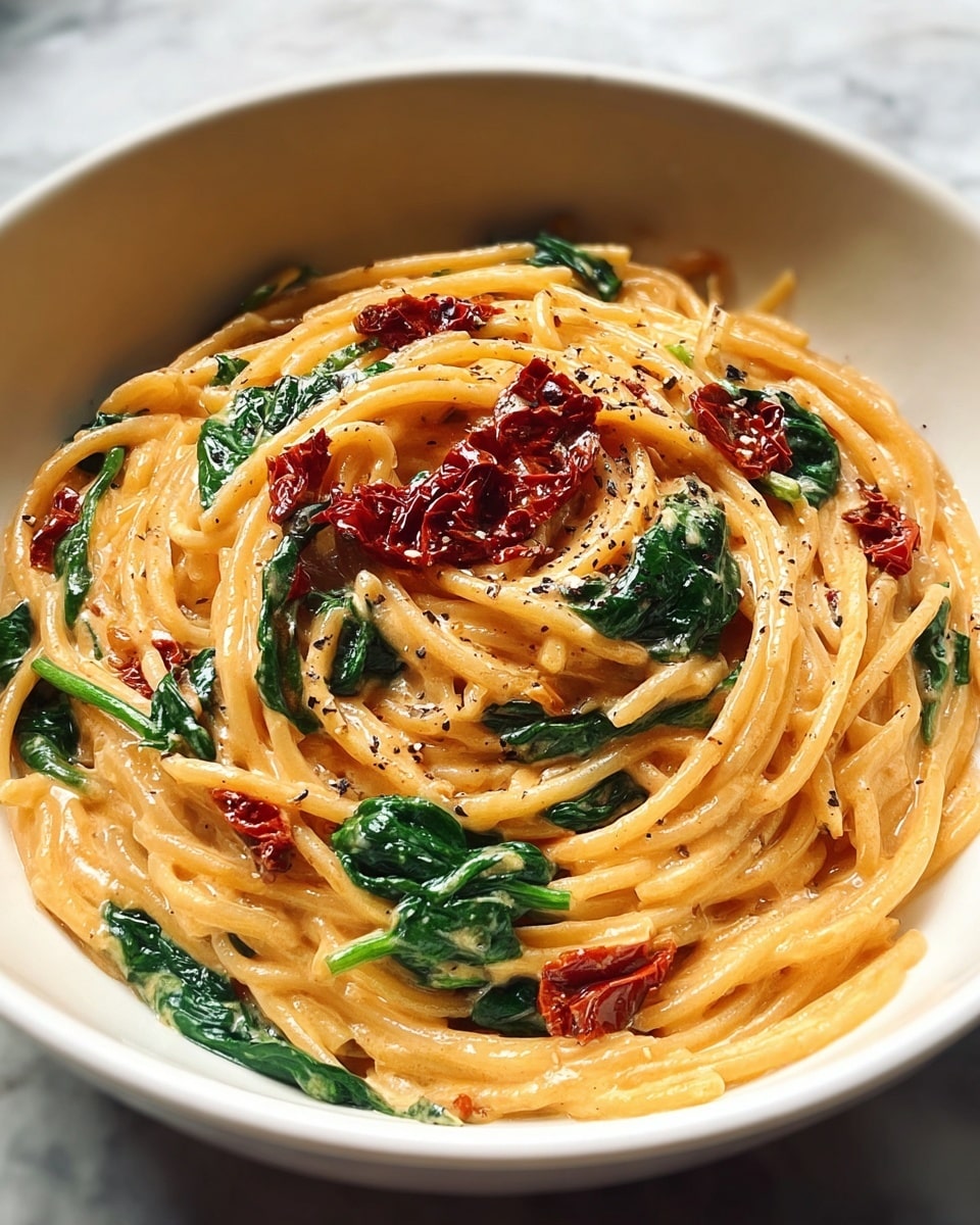 A white deep plate holds a swirl of creamy orange pasta coated in a thick sauce. Mixed throughout the noodles are dark green spinach leaves that add texture and color contrast. On top, scattered pieces of deep red sun-dried tomatoes add another bright layer. A light sprinkling of black pepper is visible on the sauce, enhancing the visual richness. The background is a white marbled texture, emphasizing the dish’s warm tones. Photo taken with an iphone --ar 4:5 --v 7