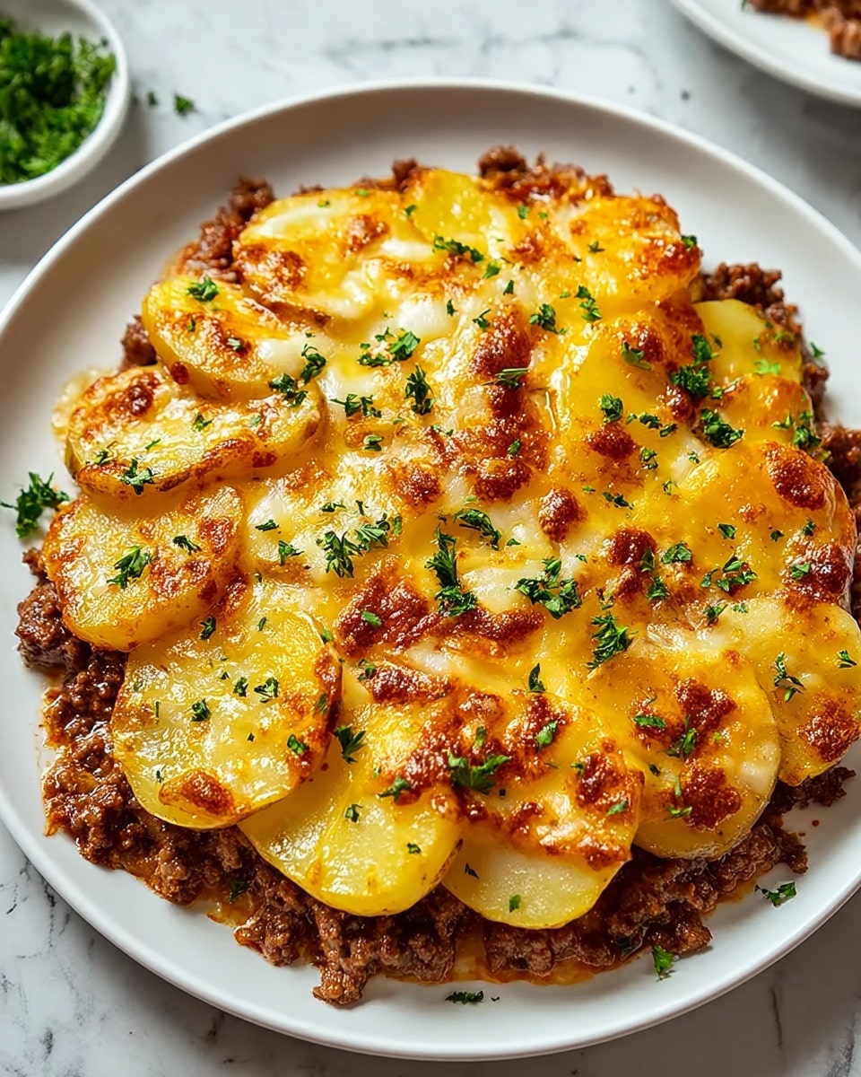 The dish is a layered casserole served on a white plate on a white marbled surface. The bottom layer is a bed of cooked minced meat, dark brown in color and crumbly in texture, covering the entire plate. On top of the meat is a layer of sliced yellow potatoes with smooth edges, arranged close together. The uppermost layer is a thick, melted golden cheese that bubbles and browns slightly in spots, covering the potatoes unevenly. Small green parsley leaves are sprinkled on top for garnish. A fork is placed at the back of the plate. Photo taken with an iphone --ar 4:5 --v 7