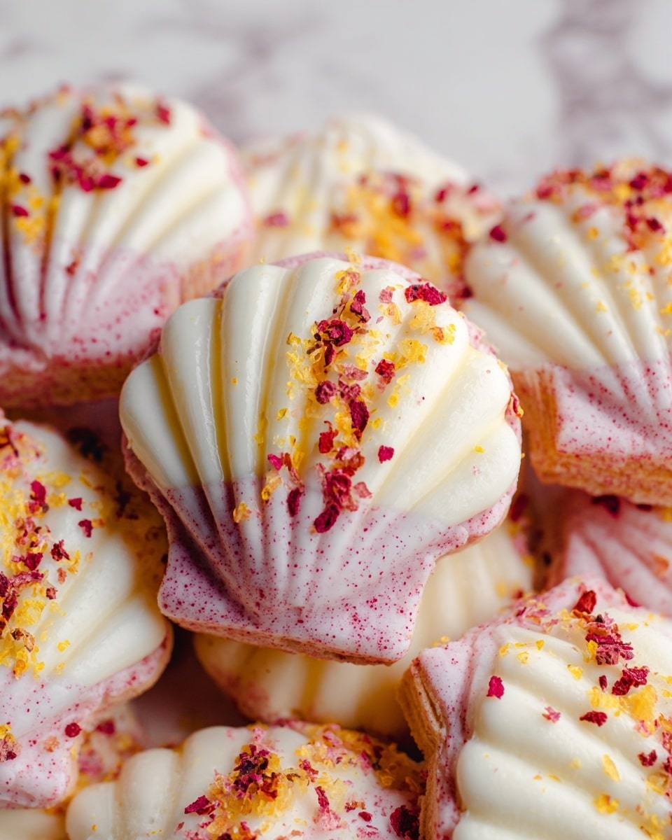 This close-up image shows multiple small shell-shaped cakes covered with a smooth white frosting layer that has a glossy texture. Each cake has a light pink base layer visible at the bottom edges. The white frosting is topped with scattered small red and yellow dried flower or fruit bits, adding specks of bright color and texture contrast. The cakes are closely stacked against each other on a white marbled surface, highlighting their detailed ridged shell shape. Photo taken with an iphone --ar 4:5 --v 7