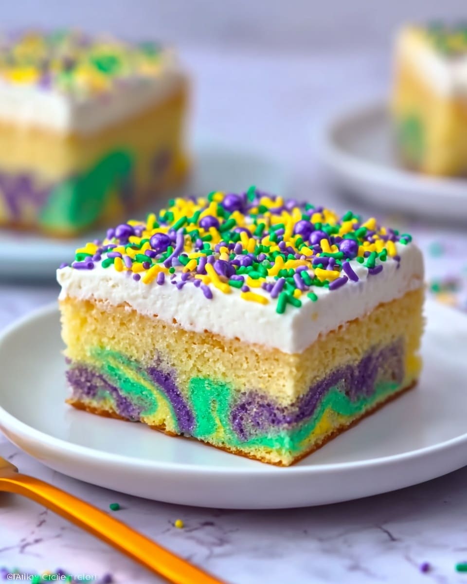 A slice of colorful layered cake sits on a white plate, showing three main layers. The bottom layer is a soft sponge cake with mixed swirls of green, purple, and yellow, giving a tie-dye effect. Above this, there is a thin smooth yellow layer, likely custard or cream. The top layer is thick white frosting, covered with small sprinkles in green, yellow, and purple, including some round bead-like decorations. The cake looks moist and bright, placed on a white marbled surface with a blurred slice of the same cake in the background. Photo taken with an iphone --ar 4:5 --v 7