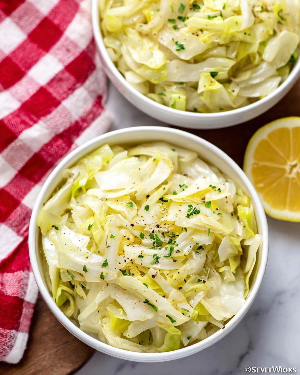 Two white bowls filled with cooked cabbage are placed on a white marbled surface. Each bowl contains chopped cabbage cooked to a soft texture, showing a mix of pale yellow and light green colors, with some small green herb bits scattered on top for garnish. The cabbage pieces have a slightly glossy look, indicating light seasoning or oil. One bowl is closer in the foreground, showing detailed cabbage layers, while the second bowl is slightly blurred in the background. Some lemon wedges and a red and white checkered cloth are visible beside the bowls, adding bright color contrast. Photo taken with an iphone --ar 4:5 --v 7