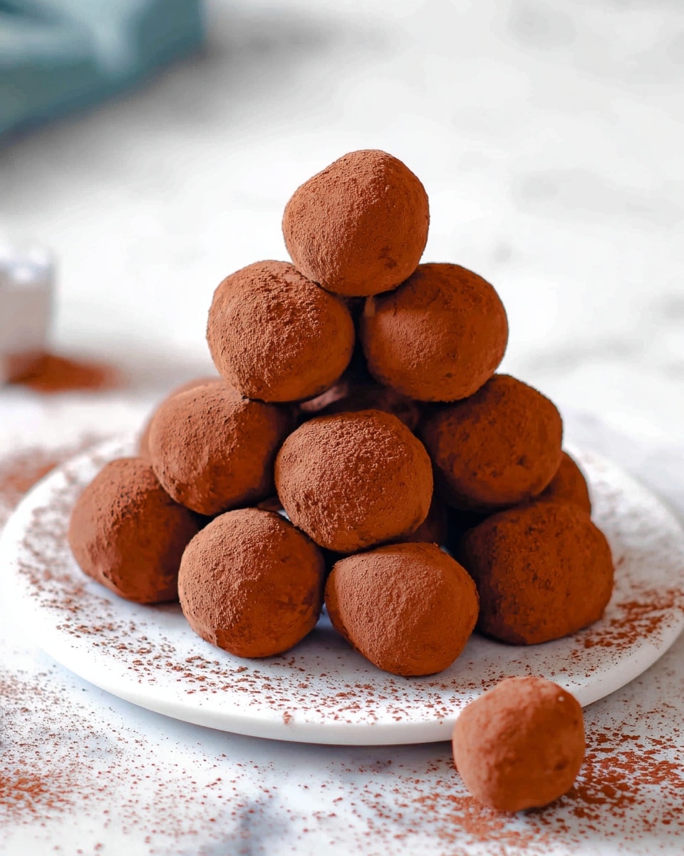 A pyramid-shaped stack of small round chocolate truffles covered with a fine layer of dark brown cocoa powder sits on a simple white plate, with the truffles forming four layers: the bottom layer has seven, the second layer has five, the third layer has three, and a single truffle on top. One truffle lies alone on the white marbled surface in front of the plate. The cocoa powder is also lightly sprinkled around the plate. Photo taken with an iphone --ar 4:5 --v 7
