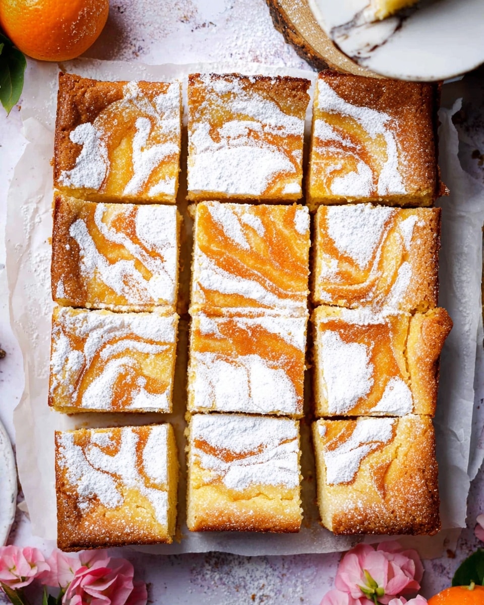 A tray of nine square pieces of a baked dessert with a golden brown top layer, swirled with lighter cream-colored patterns and dusted generously with white powdered sugar, revealing a soft, creamy yellow layer beneath; the edges are slightly darker with a firm crust, cut cleanly and arranged on a white paper-lined tray placed on a white marbled surface, with a silver spatula lifting one piece from the right side, some pink flowers and small bowls partially visible around the tray. photo taken with an iphone --ar 4:5 --v 7
