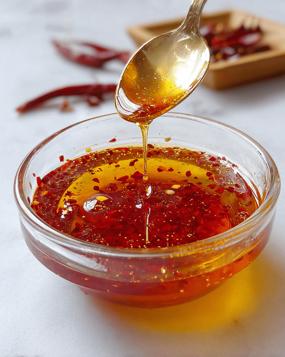 A clear glass bowl filled with a shiny, bright orange-red chili oil sauce that has small red chili flakes floating throughout. A silver spoon is held just above the bowl, dripping the thick chili oil back into it, showing the glossy, smooth texture of the sauce. In the background, there is a white marbled surface and a wooden tray with dried red chilies partially visible, adding to the warm, spicy theme. photo taken with an iphone --ar 4:5 --v 7