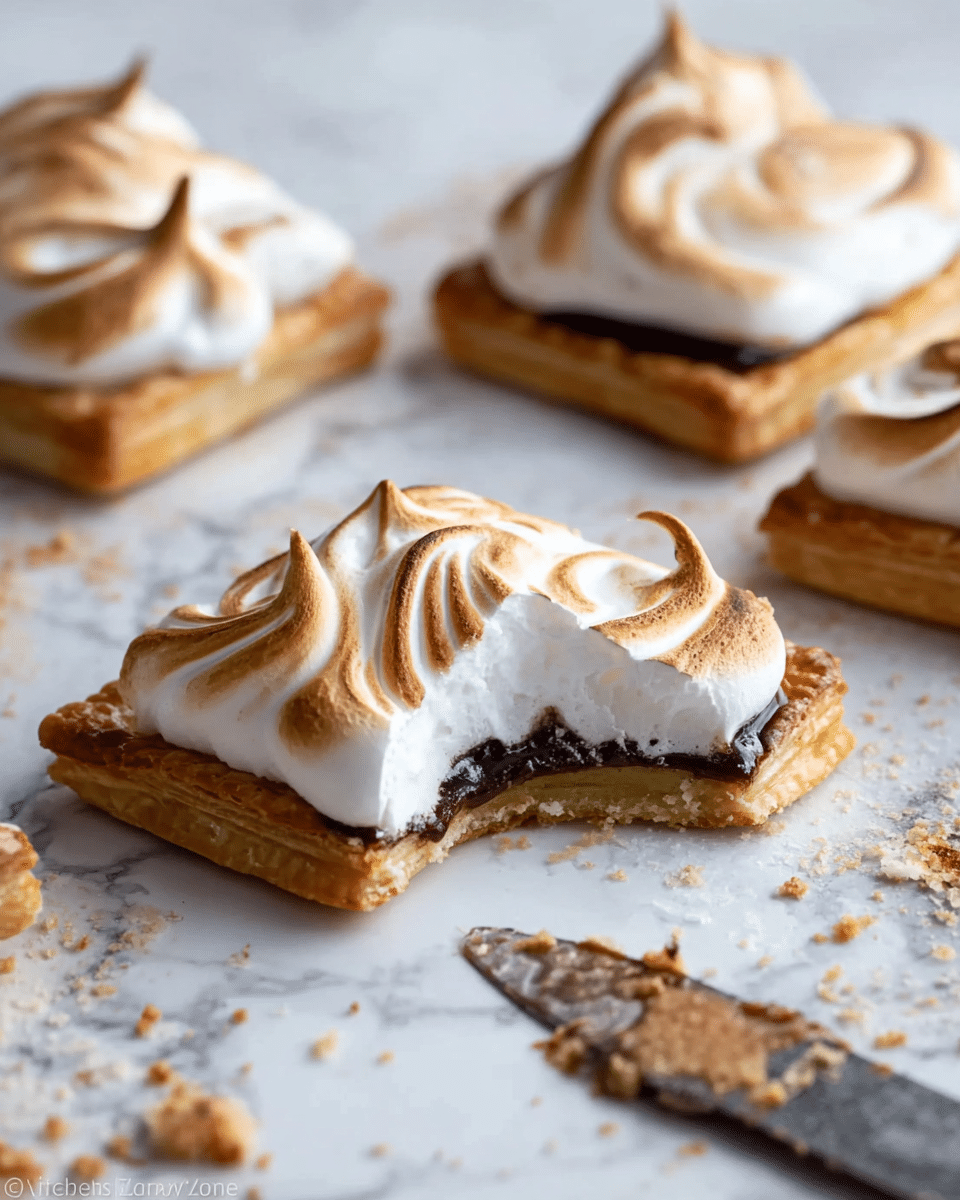 The image shows several square pastries placed on a white marbled surface. Each pastry has three layers: a golden-brown flaky crust as the bottom layer, a dark filling in the middle layer, and a thick, swirled layer of lightly toasted white meringue on top. One pastry in the front is cut in half, revealing the dark filling under the meringue. There are small crumbs scattered around, and a knife with some filling on its blade is positioned near the pastries. Photo taken with an iphone --ar 4:5 --v 7