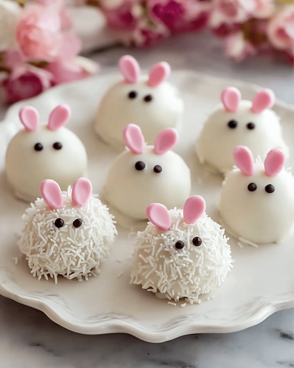 There are seven small round white balls on a white plate with a wavy edge, each decorated to look like little bunny faces. The base of each ball is smooth and covered in white, with some covered partly in white sprinkles for texture. Each has two small pink oval ears sticking up from the top and two small dark round eyes positioned close together on the front. The background has a soft white marbled texture and some blurred pink flowers framing the image. photo taken with an iphone --ar 4:5 --v 7
