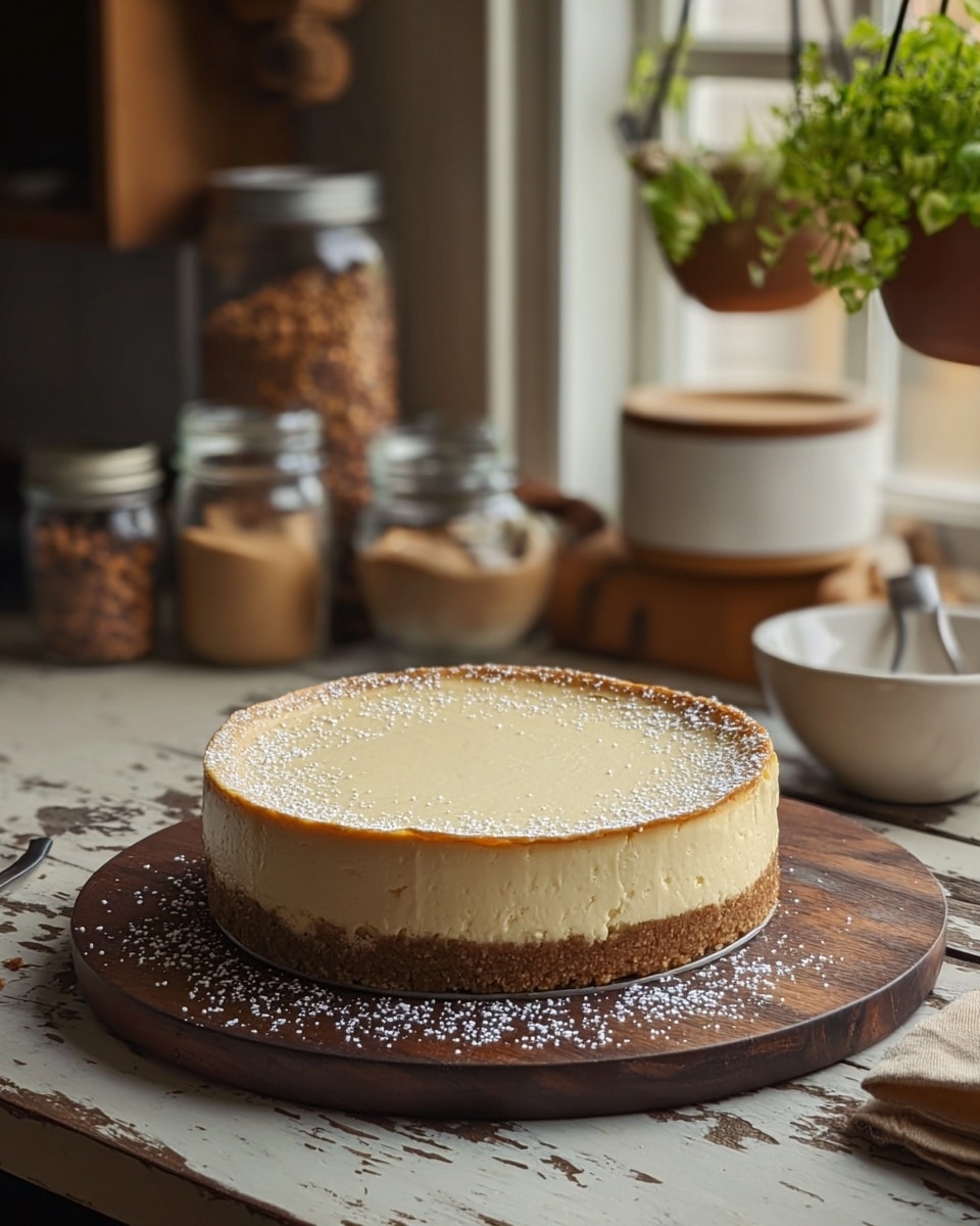 A round cheesecake sits on a wooden board covered with powdered sugar, showing two layers: a thick, creamy light yellow top layer with a smooth texture and a golden brown slightly crumbly crust at the bottom. The cheesecake has a slight golden brown edge on the top, with small spots of powdered sugar decoration near the edge. It is placed on a rustic wooden table dusted with flour, with a white marbled texture background. In the blurred background, there are several clear glass jars with different brown ingredients and two white bowls stacked, along with a blue bowl with a spoon inside. Photo taken with an iphone --ar 4:5 --v 7