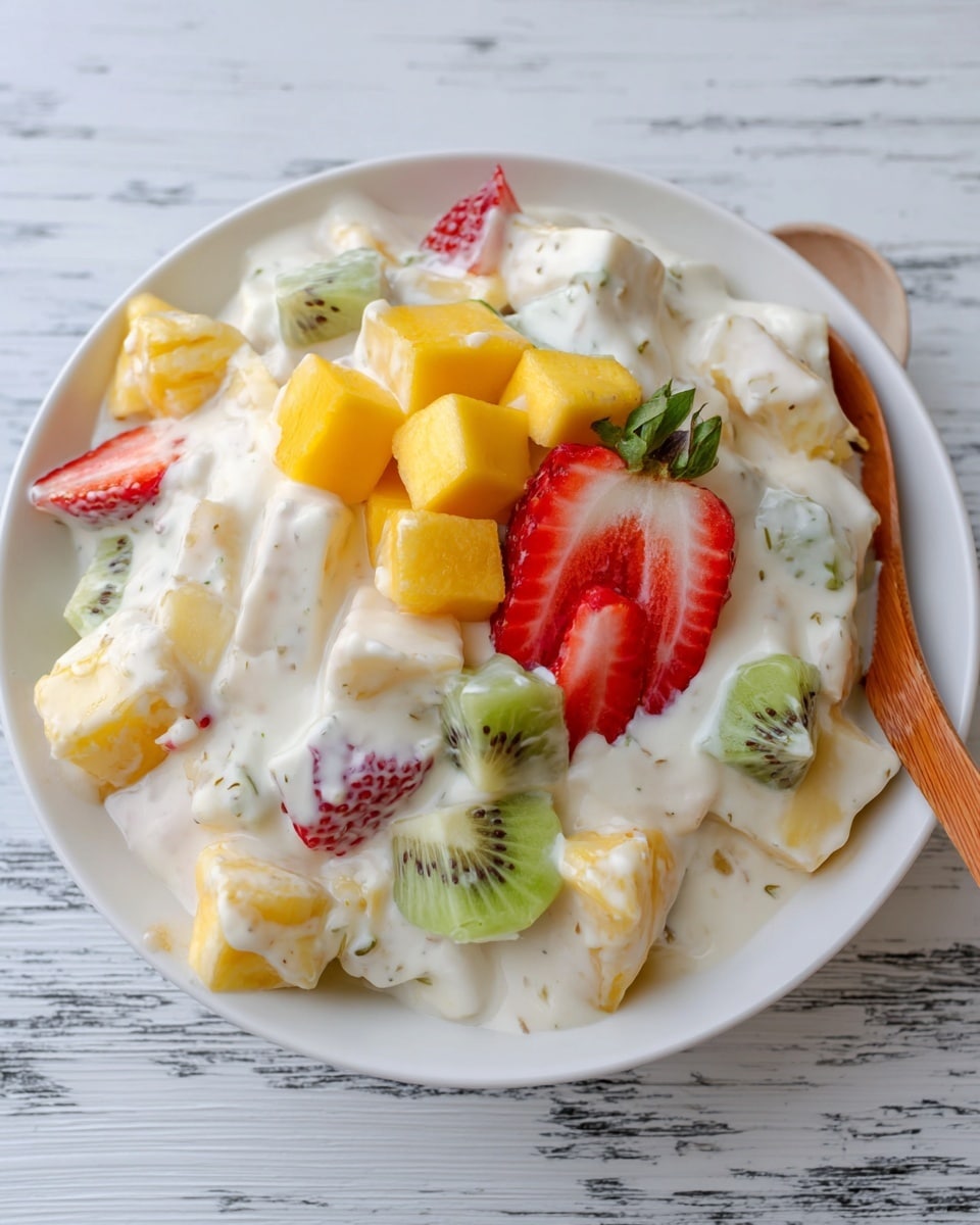 The image shows a white plate filled with creamy white fruit salad that contains pieces of various fruits. The salad includes visible chunks of red strawberries, green kiwi slices, yellow mango cubes, and orange segments all mixed in thick white cream. On top, there is a larger sliced red strawberry, a green kiwi slice, and several small yellow mango cubes as garnish. A wooden spoon rests on the edge of the plate. The plate is on a white marbled surface. Photo taken with an iphone --ar 4:5 --v 7