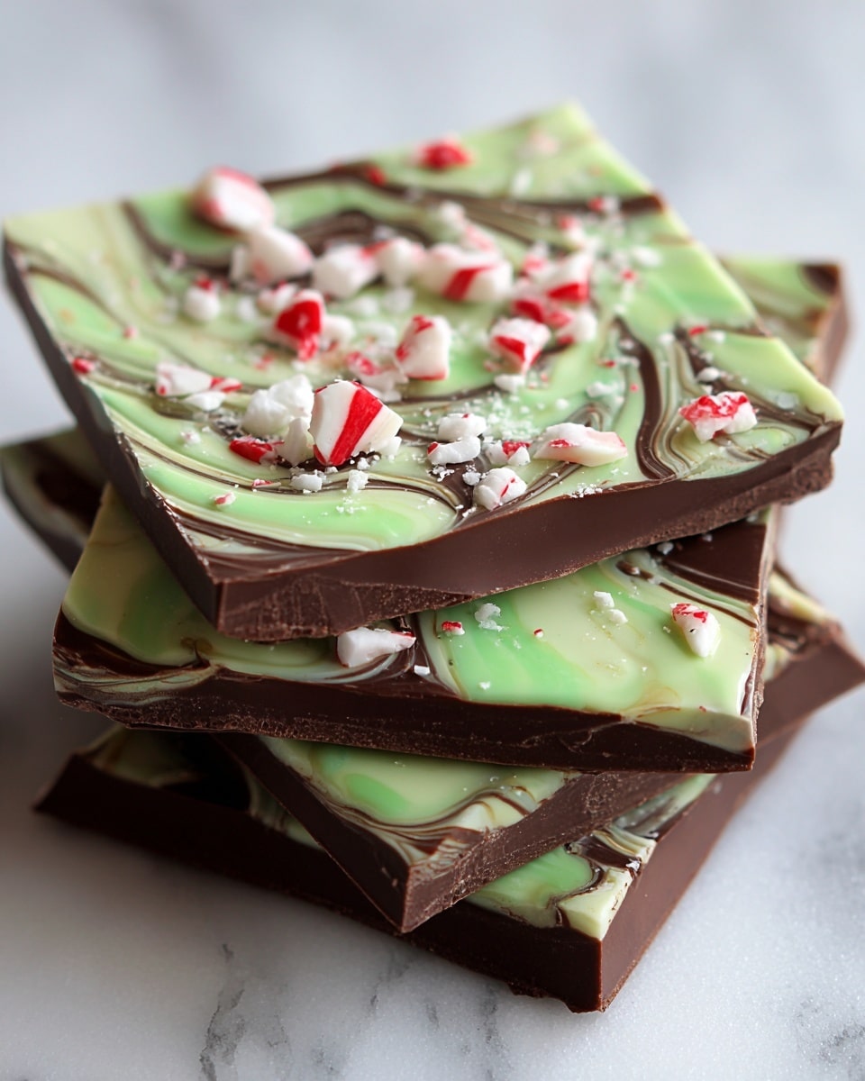 The image shows a stack of three pieces of chocolate bark, each with three layers. The bottom layer is dark brown and smooth, forming the base. The middle layer has a marbled swirl of light green and white with streaks of dark brown, giving a creamy texture effect. The top layer is sprinkled with crushed white and red peppermint candy pieces, adding a rough texture and festive color contrast. The bark sits on a surface with a white marbled texture, enhancing the colors of the chocolate. photo taken with an iphone --ar 4:5 --v 7