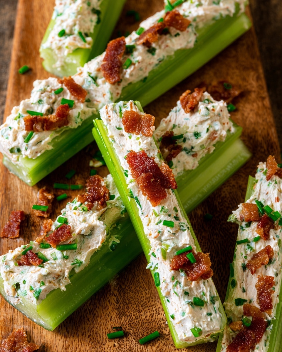 The image shows several celery sticks cut into long pieces, each filled with a thick, creamy white mixture that has small green herb pieces mixed in. On top of the creamy layer, there are small bits of crispy, reddish-brown bacon and chopped green chives, adding texture and color contrast. The celery sticks are arranged closely together on a wooden surface. photo taken with an iphone --ar 4:5 --v 7
