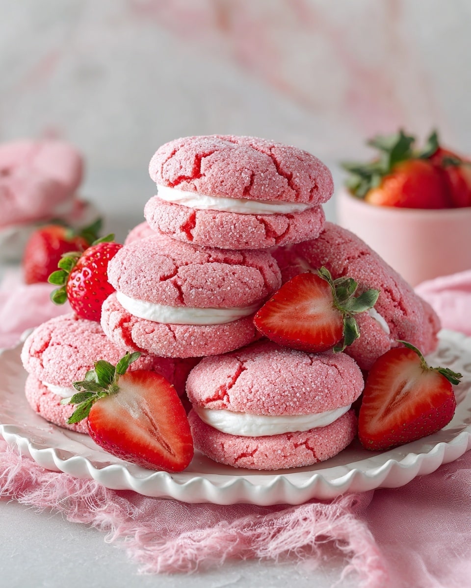 The image shows several pink sandwich cookies stacked on a white scalloped plate, each cookie coated with large sugar crystals giving a sparkling texture. The cookies have two rough, cracked pink cookie layers sandwiching a smooth, thick white cream filling. Fresh halved strawberries are placed around the plate, adding a bright red contrast. The plate rests on a soft pink cloth with a white marbled surface below. In the background, there is a blurred white object, possibly a bowl or cup, and more strawberries. photo taken with an iphone --ar 4:5 --v 7