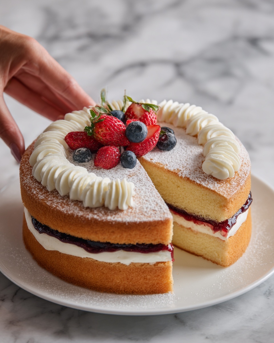 The image shows a round cake with three visible layers. The bottom layer is a soft, light yellow sponge cake. On top of it is a thick, dark red berry jam layer that looks shiny and slightly chunky. Above the jam is a layer of white creamy frosting, smooth and fluffy. The top sponge layer is dusted with powdered sugar and cut into slices, slightly separated to show the creamy frosting in between. On the center top of the cake, there is a swirl of white whipped cream, decorated with a few fresh berries in red, blue, and purple. The cake sits on a white plate on a white marbled surface. Photo taken with an iphone --ar 4:5 --v 7