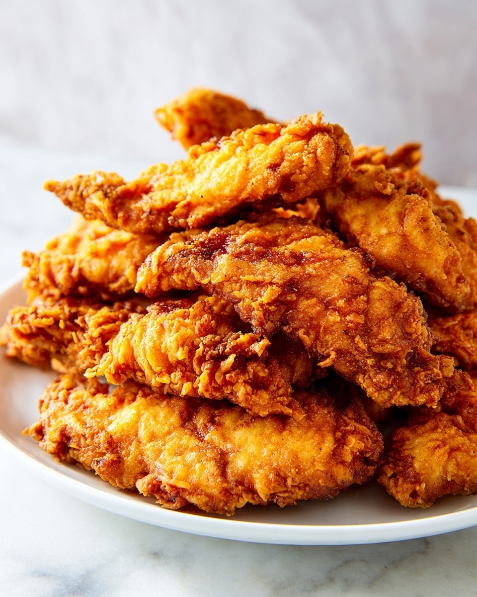 A large white plate holds a pile of golden-brown fried chicken pieces, stacked in three visible layers. Each piece has a rough, crinkly, crispy coating with varying shades of deep golden and light brown, showing textured ridges and bumps. The chicken pieces are irregular in shape, varying from smaller nuggets to larger strips, all tightly packed and overlapping, creating a sense of abundance. The plate sits on a white marbled surface that adds subtle light gray veining in the background. The image is bright and clear, highlighting the crunchy texture of the fried chicken. photo taken with an iphone --ar 4:5 --v 7