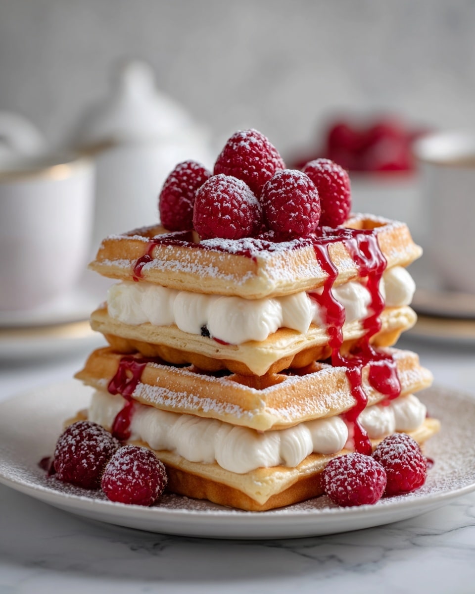A stack of three layers of thick, golden-brown waffles filled with creamy white layer in between each waffle, drizzled with bright red strawberry sauce flowing down the sides and pooling on a white plate, topped with fresh red raspberries dusted with powdered sugar, all set against a soft white marbled background with blurred white cups and a jar of strawberry sauce in the distance, photo taken with an iphone --ar 4:5 --v 7