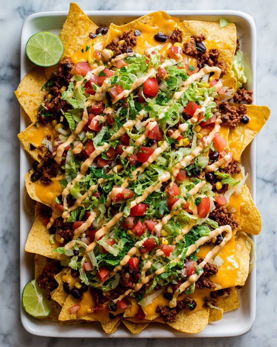 A white rectangular bowl is filled with a layered nacho dish. The base layer is crispy light golden tortilla chips scattered unevenly. On top, there are small pieces of browned ground meat and black beans adding dark brown and black textures. Fresh chopped lettuce in light green mixed with bits of purple cabbage and bright red diced tomatoes are spread through the layers. Yellow corn kernels add small pops of color. Orange shredded cheddar cheese is sprinkled over the top, melting slightly. A creamy light beige sauce is drizzled across all the layers, adding a smooth texture. A small lime wedge is placed at the top corner inside the bowl. The background is a white marbled surface. photo taken with an iphone --ar 4:5 --v 7