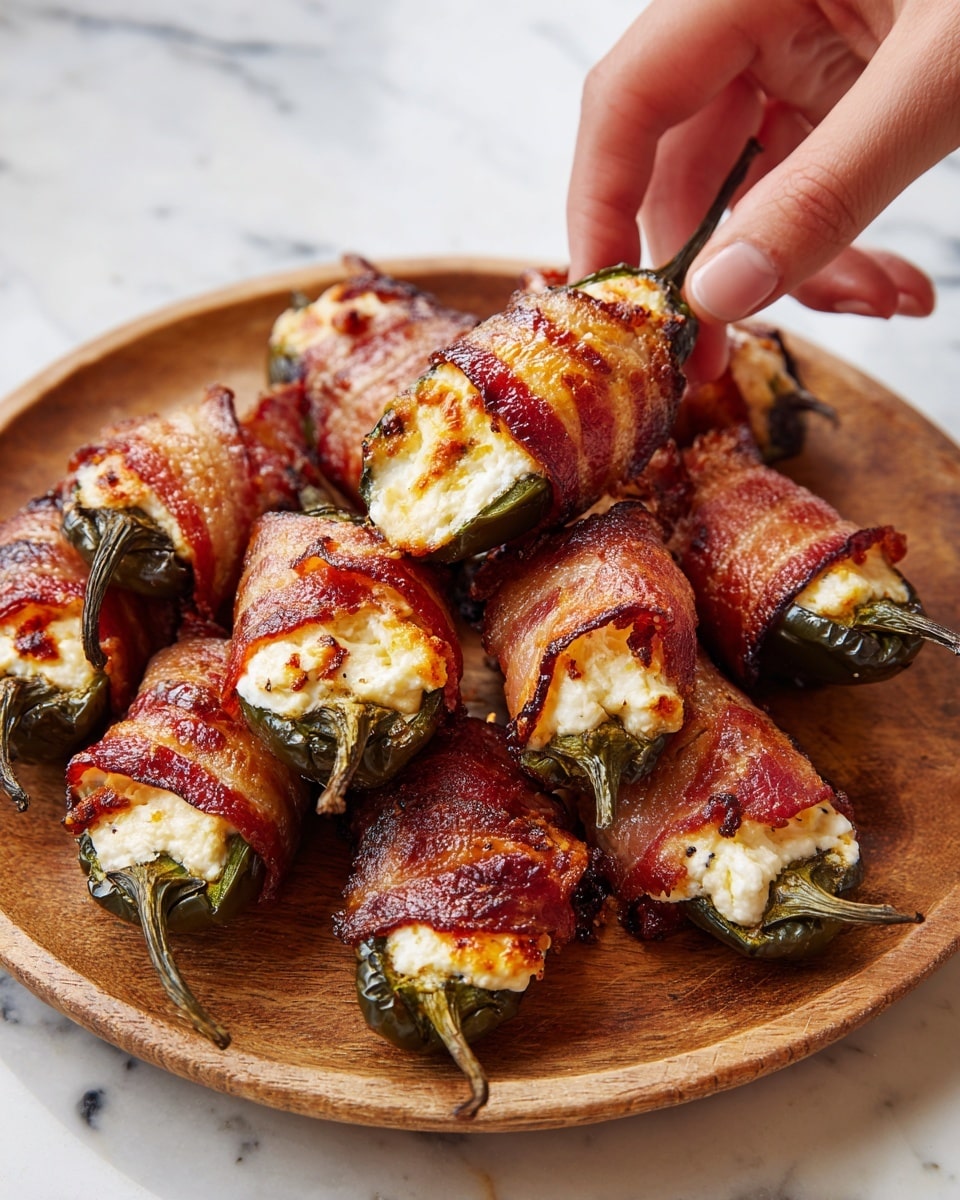 The image shows a wooden plate filled with several jalapeño peppers wrapped in crispy, browned bacon. Each jalapeño is cut in half and topped with melted, bubbly cheddar cheese and bits of crispy bacon on top. The cheese is golden and slightly charred in spots, creating a rich texture, while the bacon looks crunchy and well-cooked with a reddish-brown color. The plate is placed on a white marbled surface, and in the background, there is a soft focus of a woman's hand holding a fork near the plate. The overall look is warm, savory, and inviting, showing a mix of green, golden, and reddish colors. photo taken with an iphone --ar 4:5 --v 7