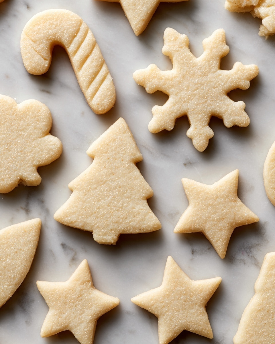 This image shows several unbaked sugar cookies in different shapes lying flat on a white marbled surface. The cookies have one thin layer with a smooth, pale yellow texture. The shapes include a candy cane with a rounded corner, a Christmas tree with three distinct tiers, a snowflake with six points and angular edges, and multiple stars with five points. The cookies have clean, crisp edges and no decoration or icing. Photo taken with an iphone --ar 4:5 --v 7