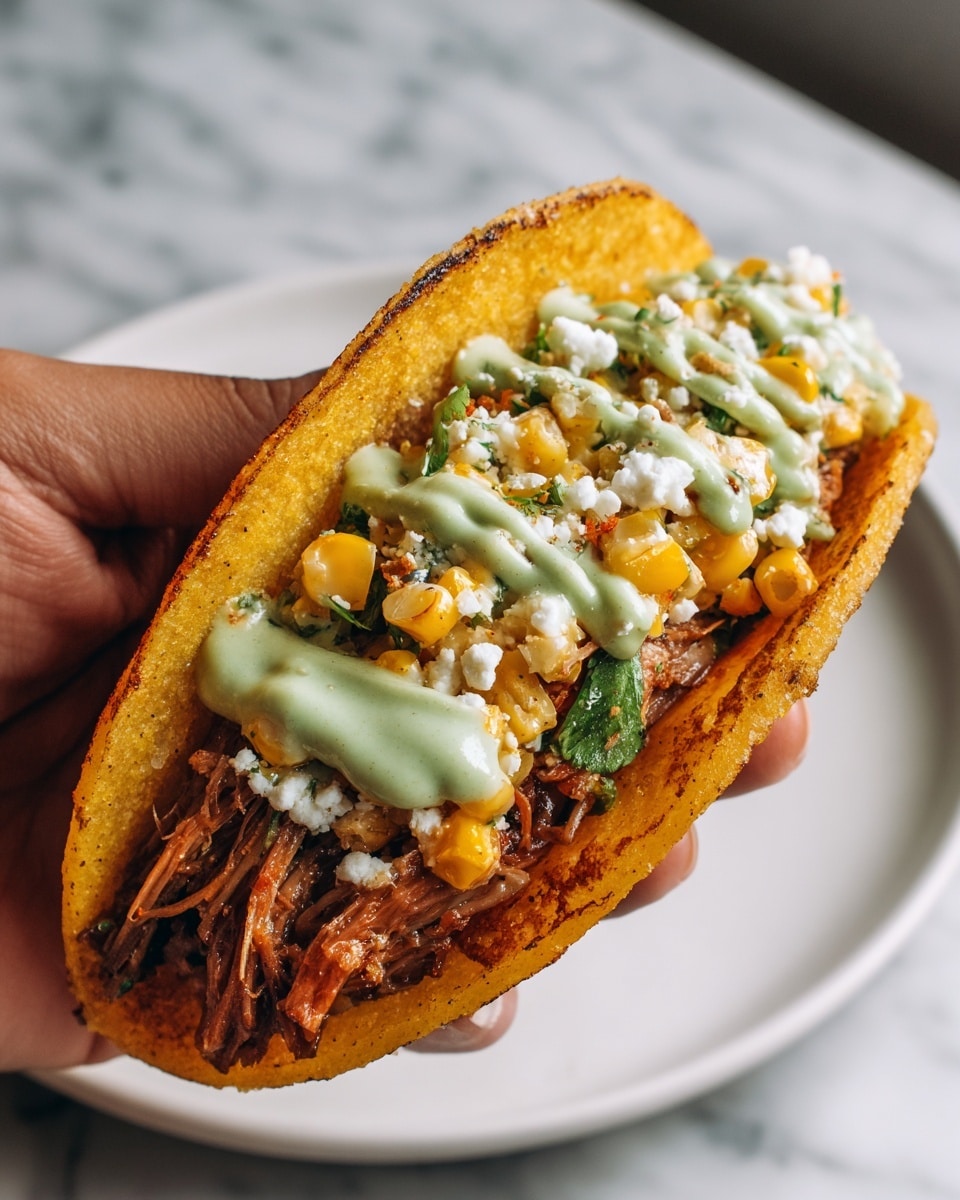 A close-up view of a hand holding a taco with three main layers: the outermost shell is a golden-brown, crispy texture that looks thick and sturdy, followed by a layer of tender, shredded brown meat filling on one side. Next to the meat, there is a colorful layer of corn mixed with small bits of green herbs and creamy white cheese, adding a chunky texture. On top, a generous drizzle of pale green sauce with visible herbs flows down the center of the taco. The background is a smooth white marbled surface, and the taco is held over a plain white plate. Photo taken with an iphone --ar 4:5 --v 7
